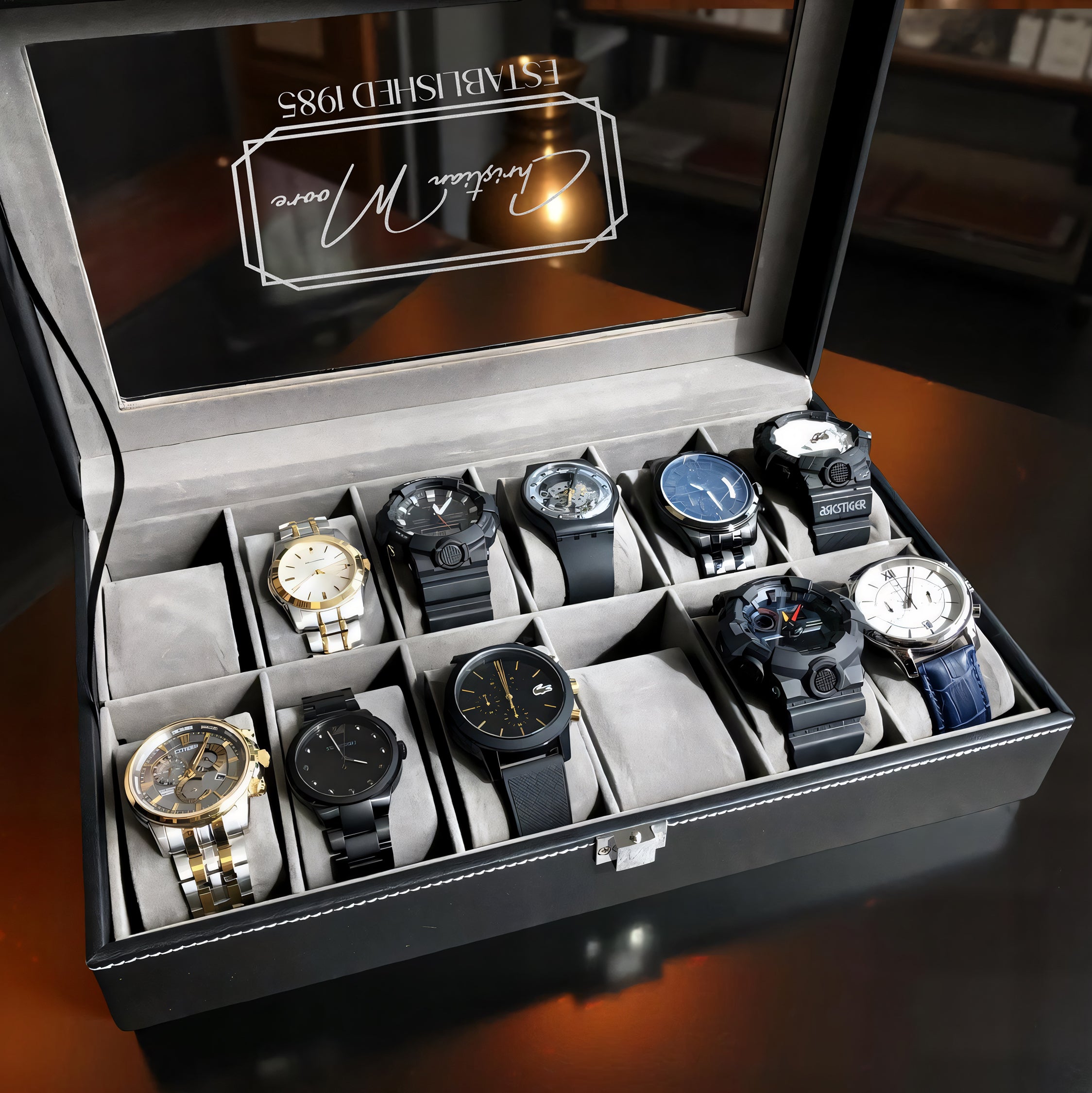 Personalized Executive 12-Slot Watch Box with Glass Top