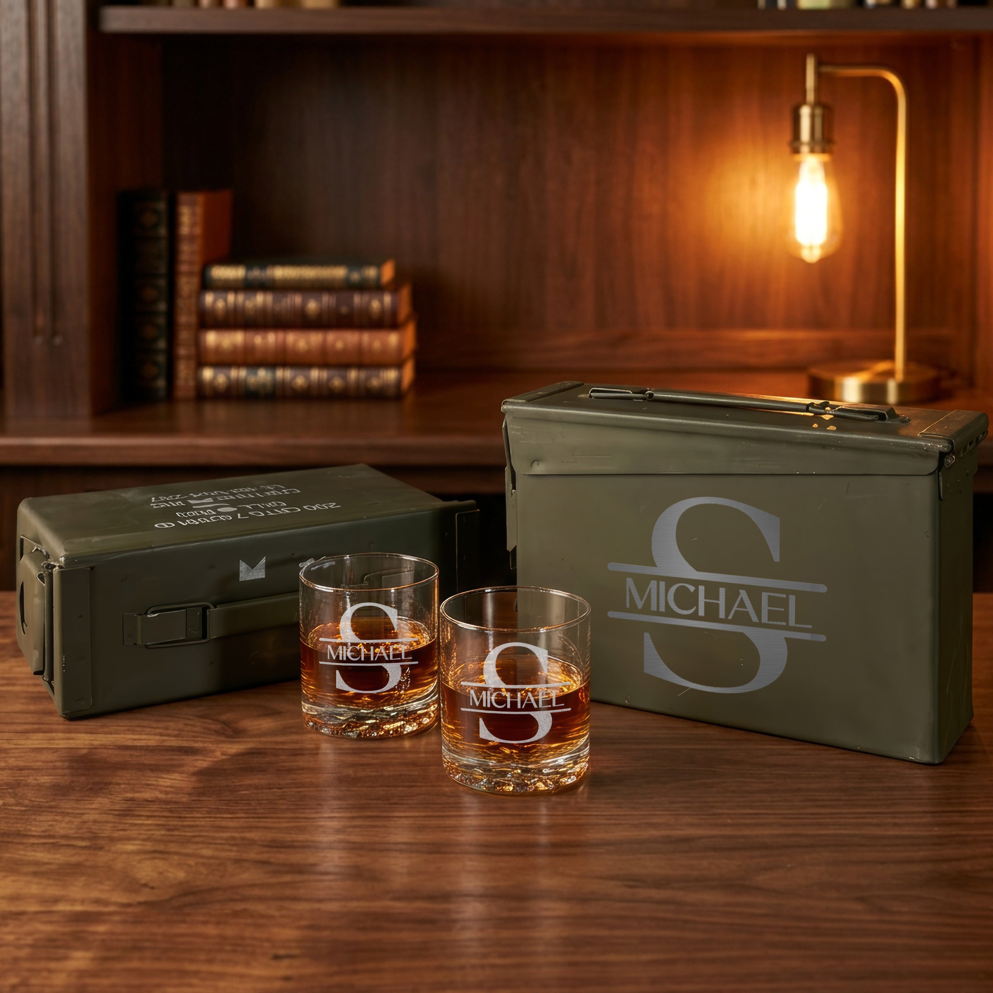 Personalized Whiskey Gift Set with Ammo Box & Stones