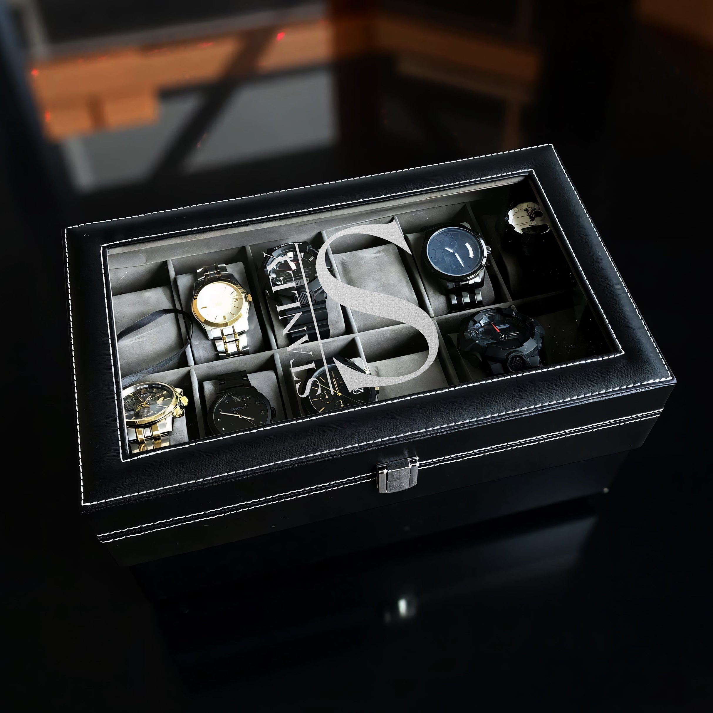 Personalized Executive 12-Slot Watch Box with Glass Top