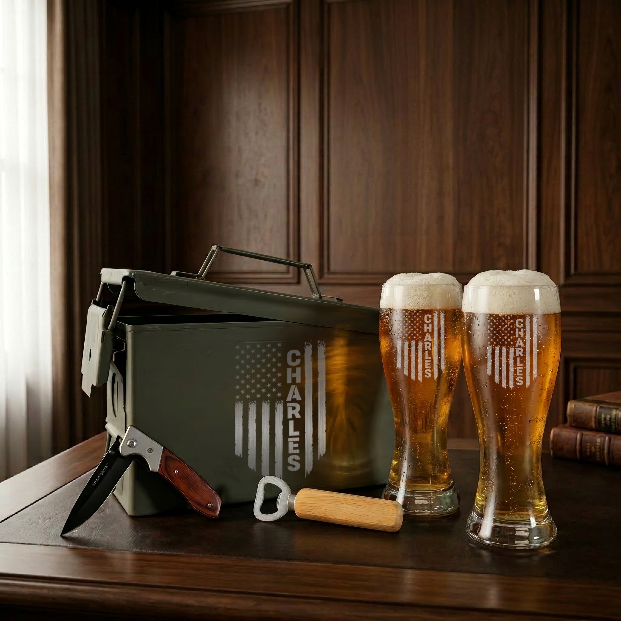 Personalized Ammo Box Gift Set with 2 Pilsner Glasses