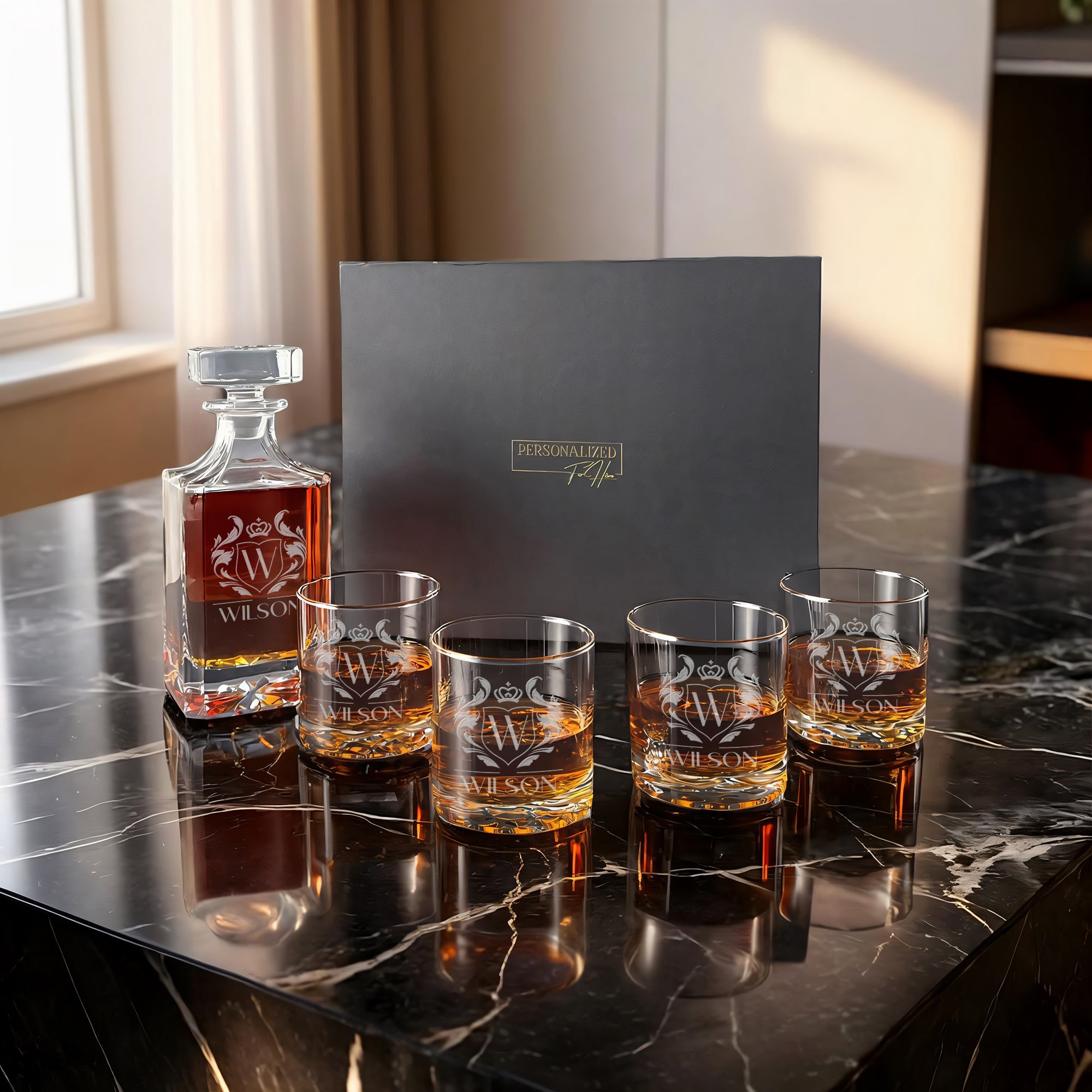 Square Cut Scotch Decanter with 4 Sculpted Base Glasses
