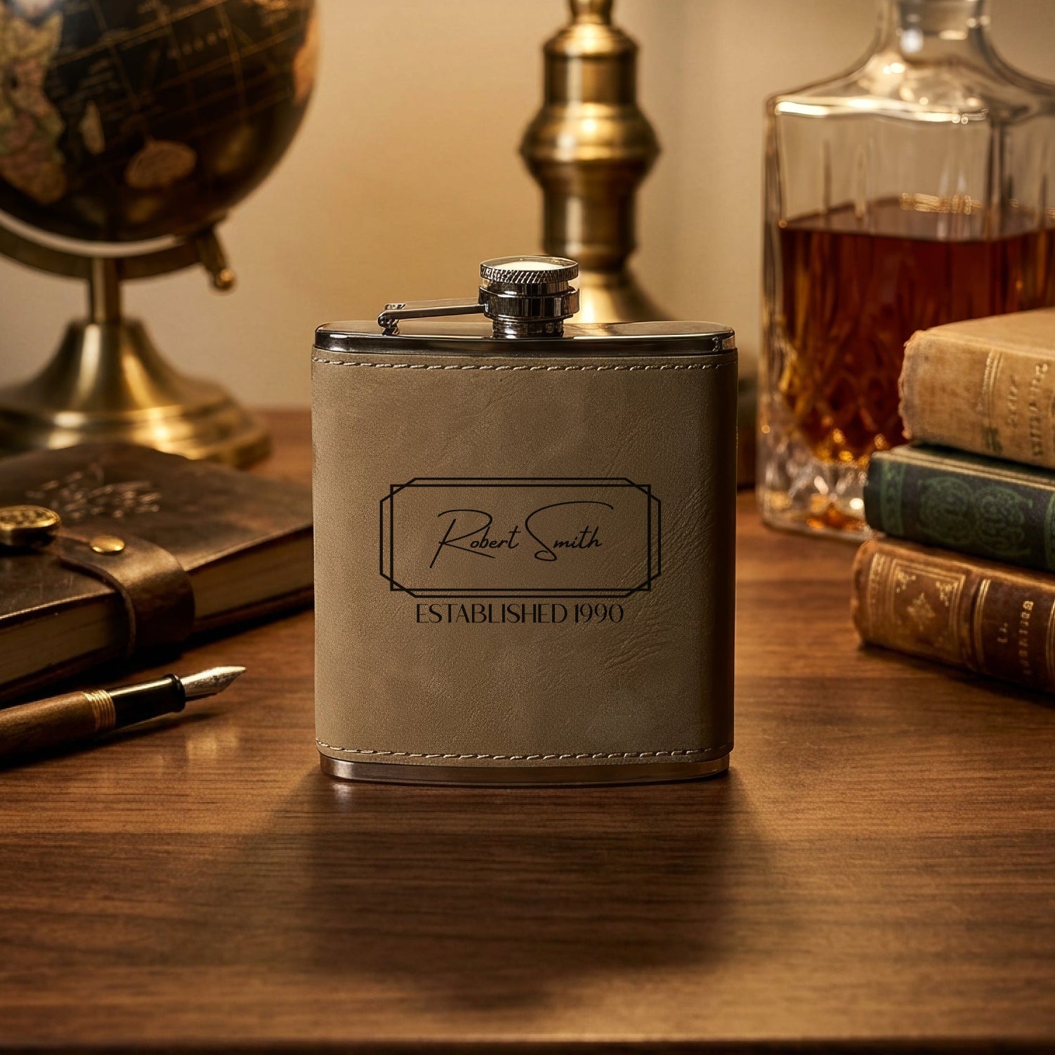 Personalized Leatherette-Wrapped Whiskey Flask