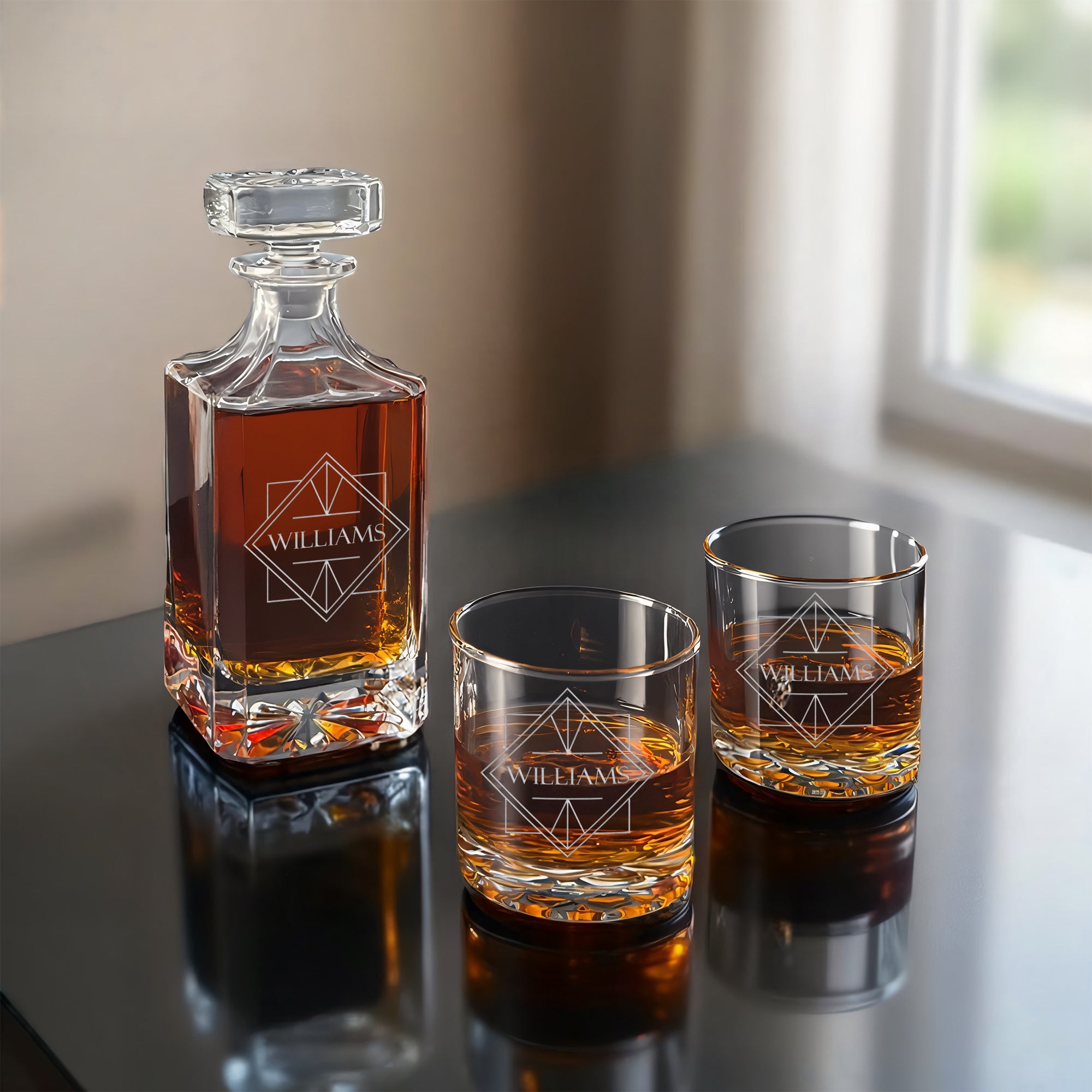 Square Cut Whiskey Decanter Set with Sculpted Glasses β Wood Box Edition