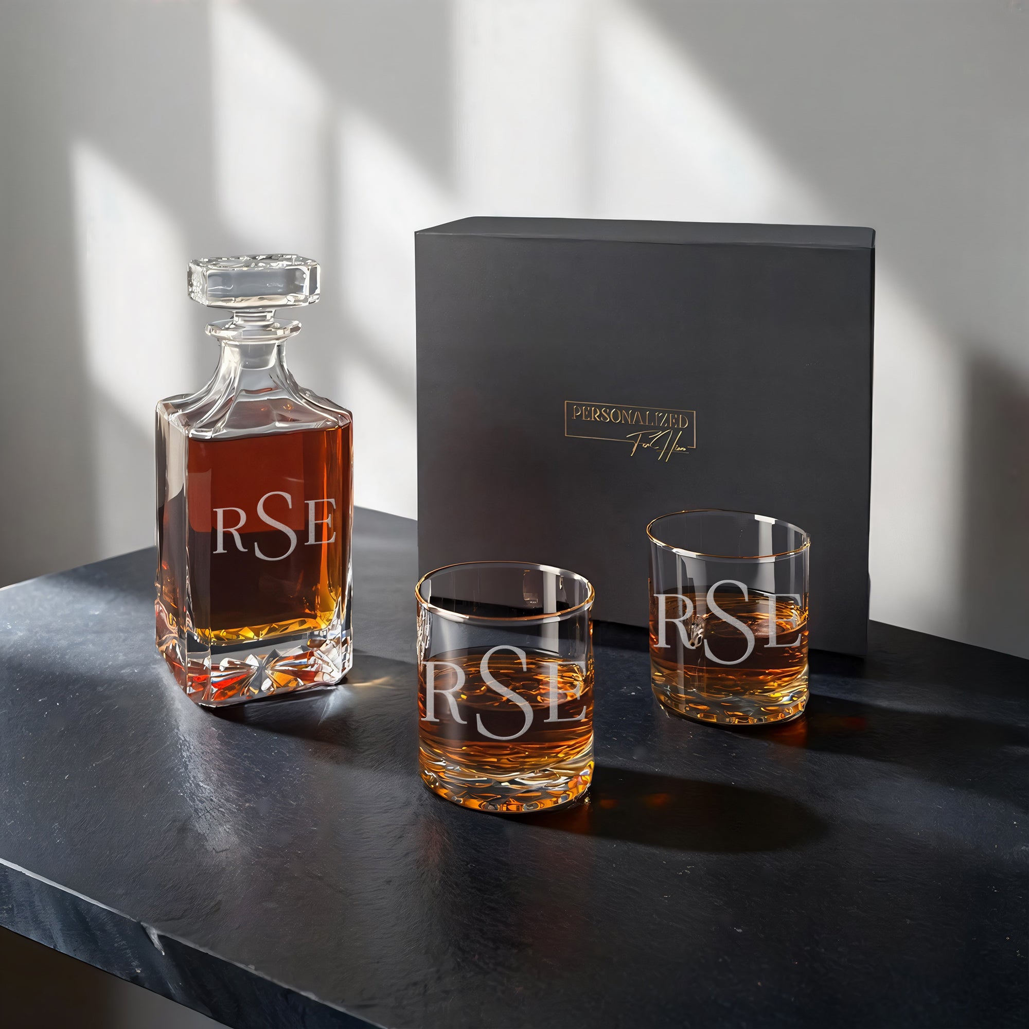 Square Cut Bourbon Decanter with 2 Sculpted Base Glasses