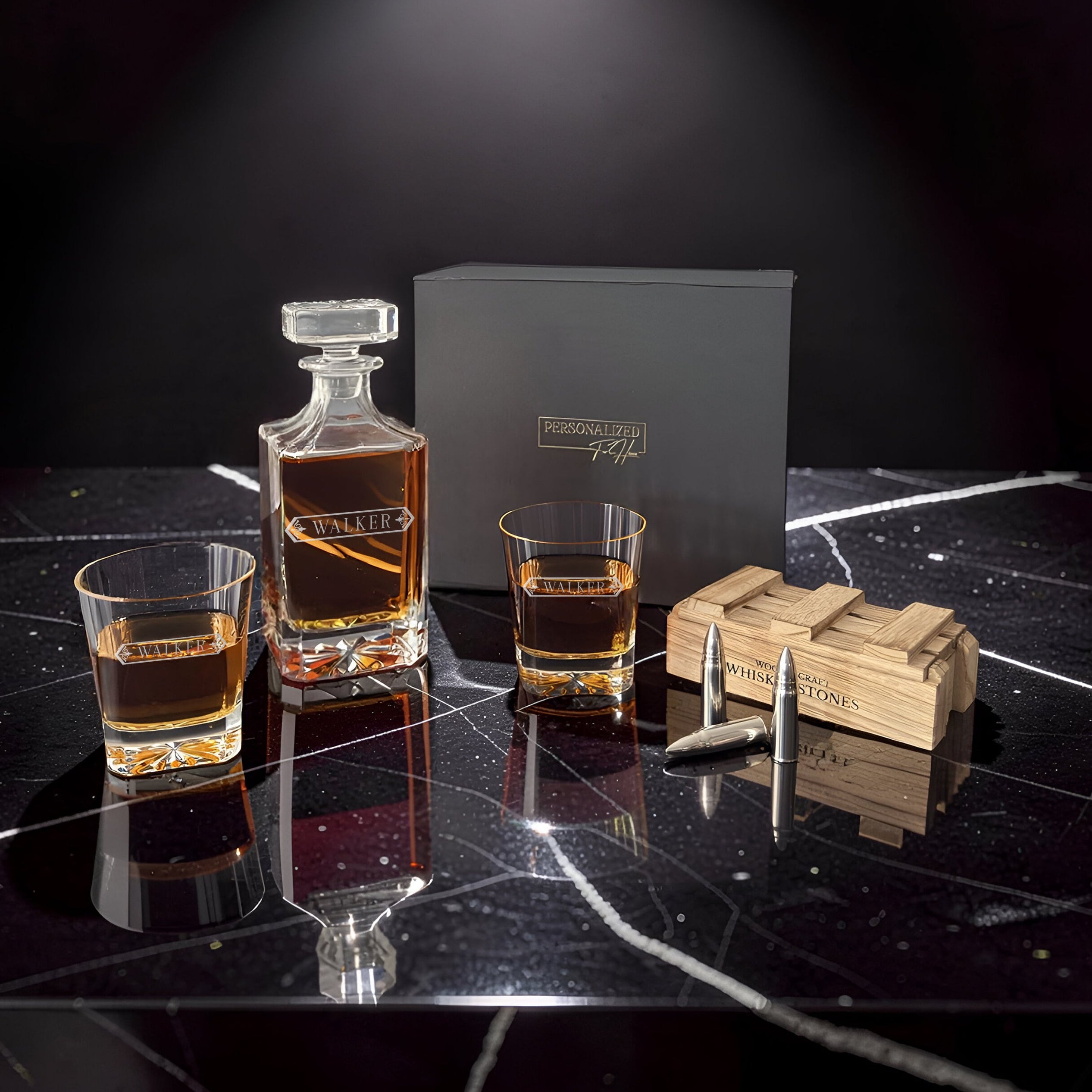 Square Cut Decanter Set with Glasses & Bullet Stones – Luxury Gift Box