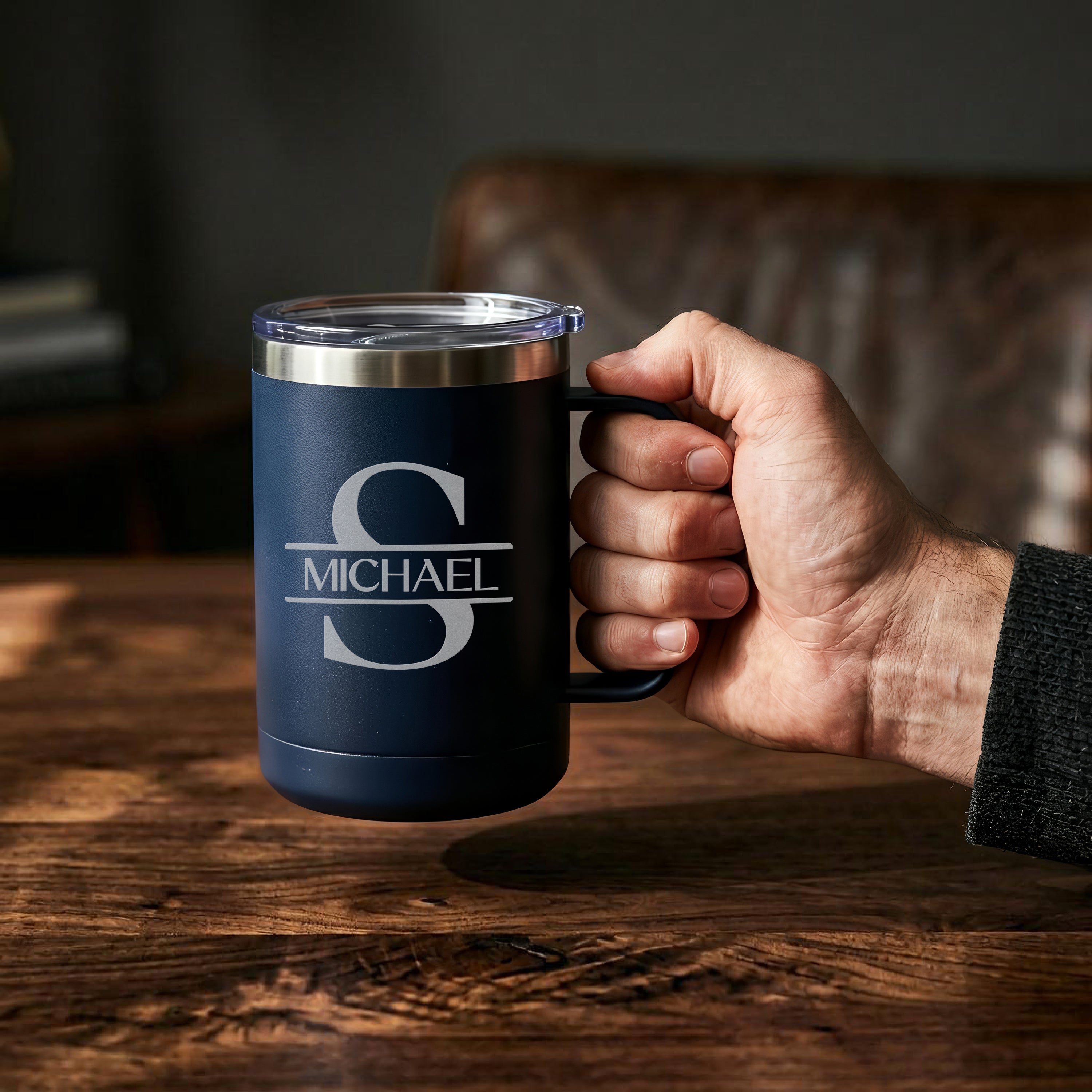 Engraved Navy Insulated Coffee Mug – 15 oz with Slider Lid