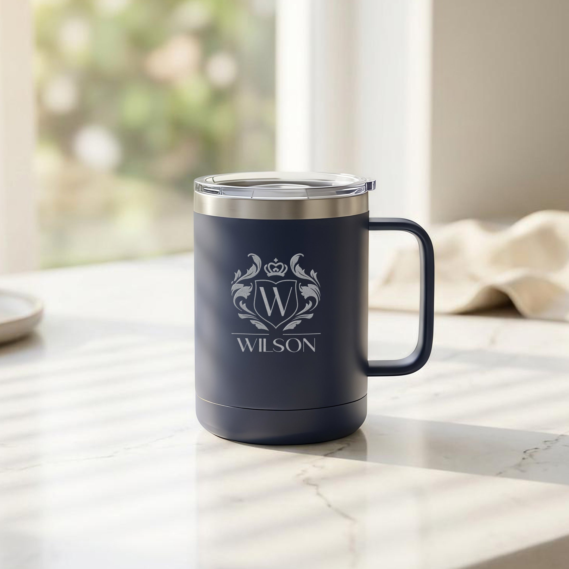 Engraved Navy Insulated Coffee Mug – 15 oz with Slider Lid