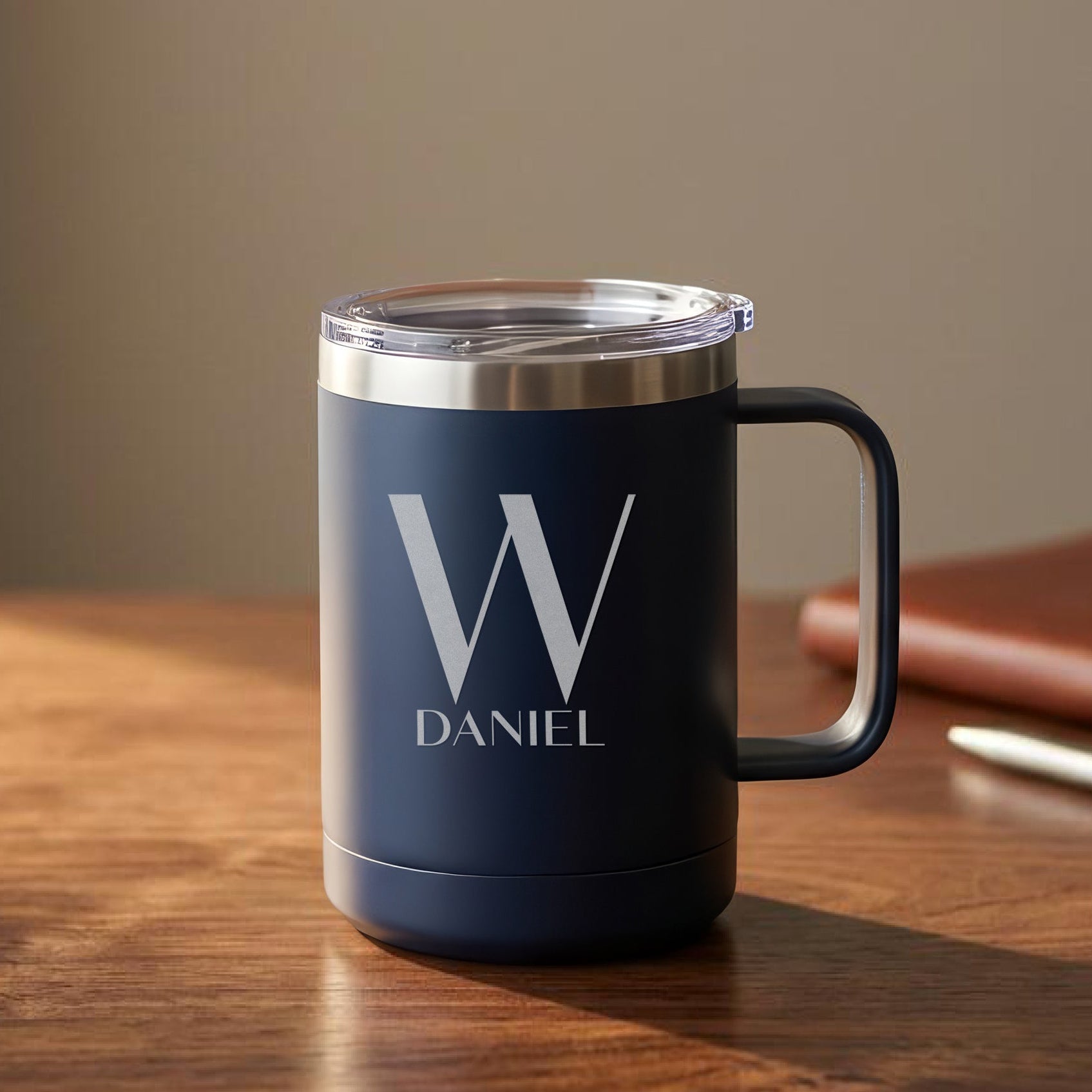 Engraved Navy Insulated Coffee Mug – 15 oz with Slider Lid