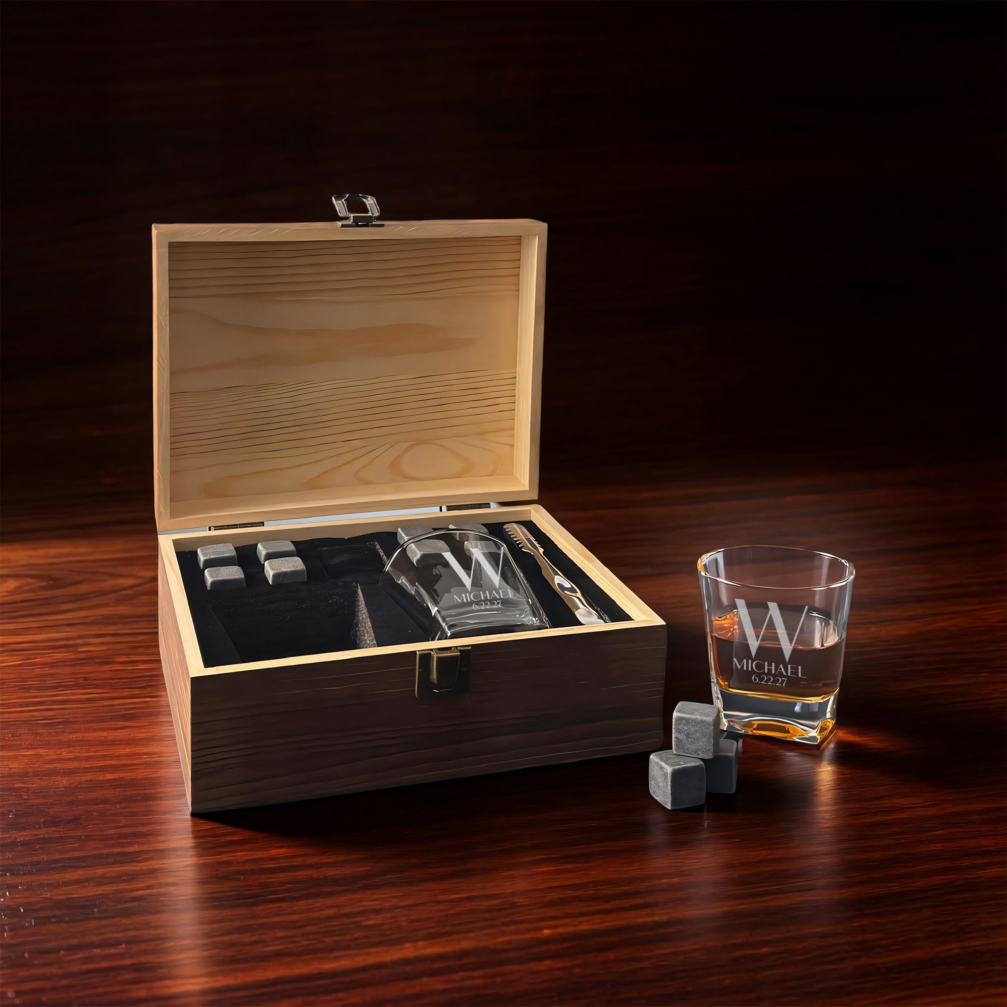 Personalized Whiskey Box Set with Glasses