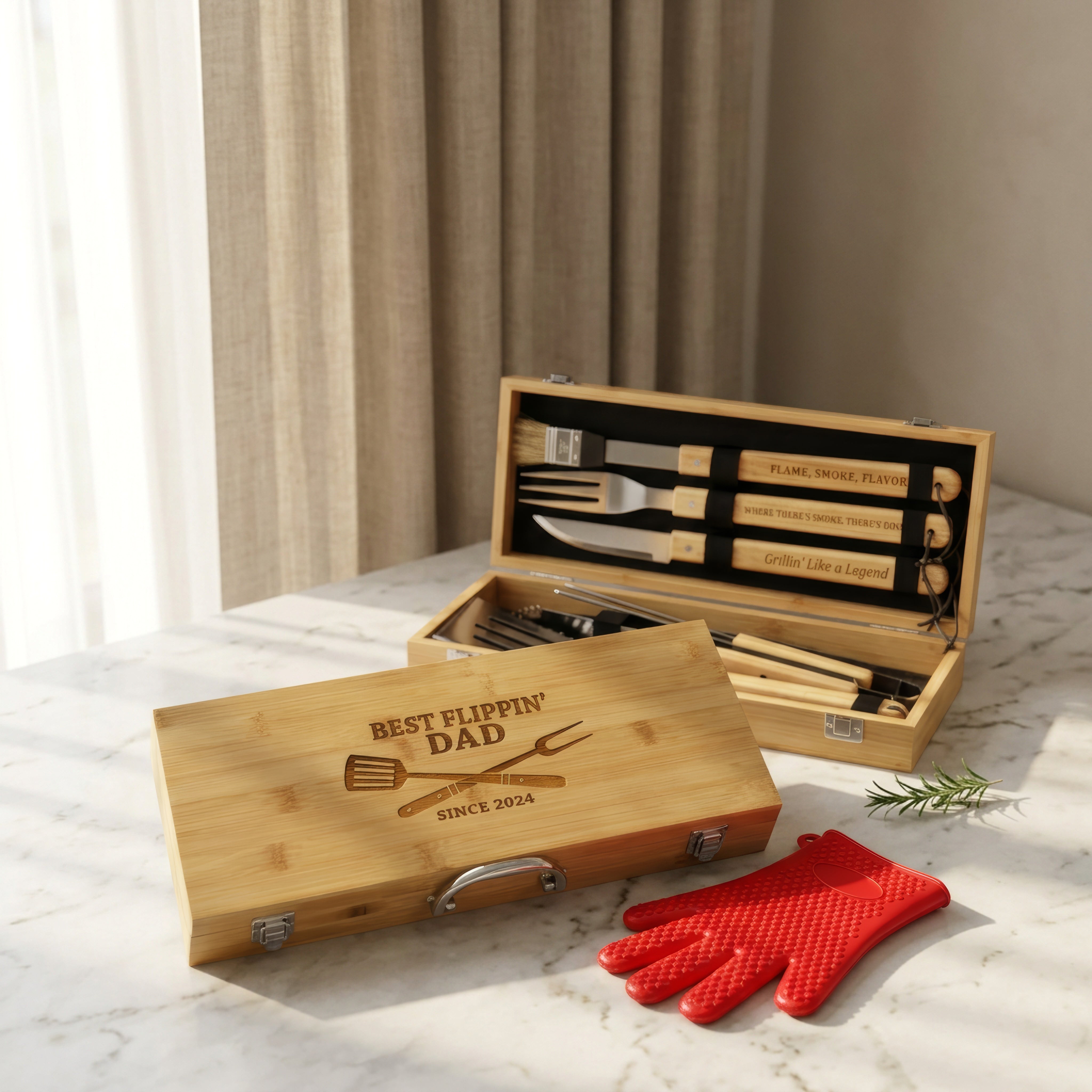 Personalized BBQ Grill Set with Engraved Bamboo Case
