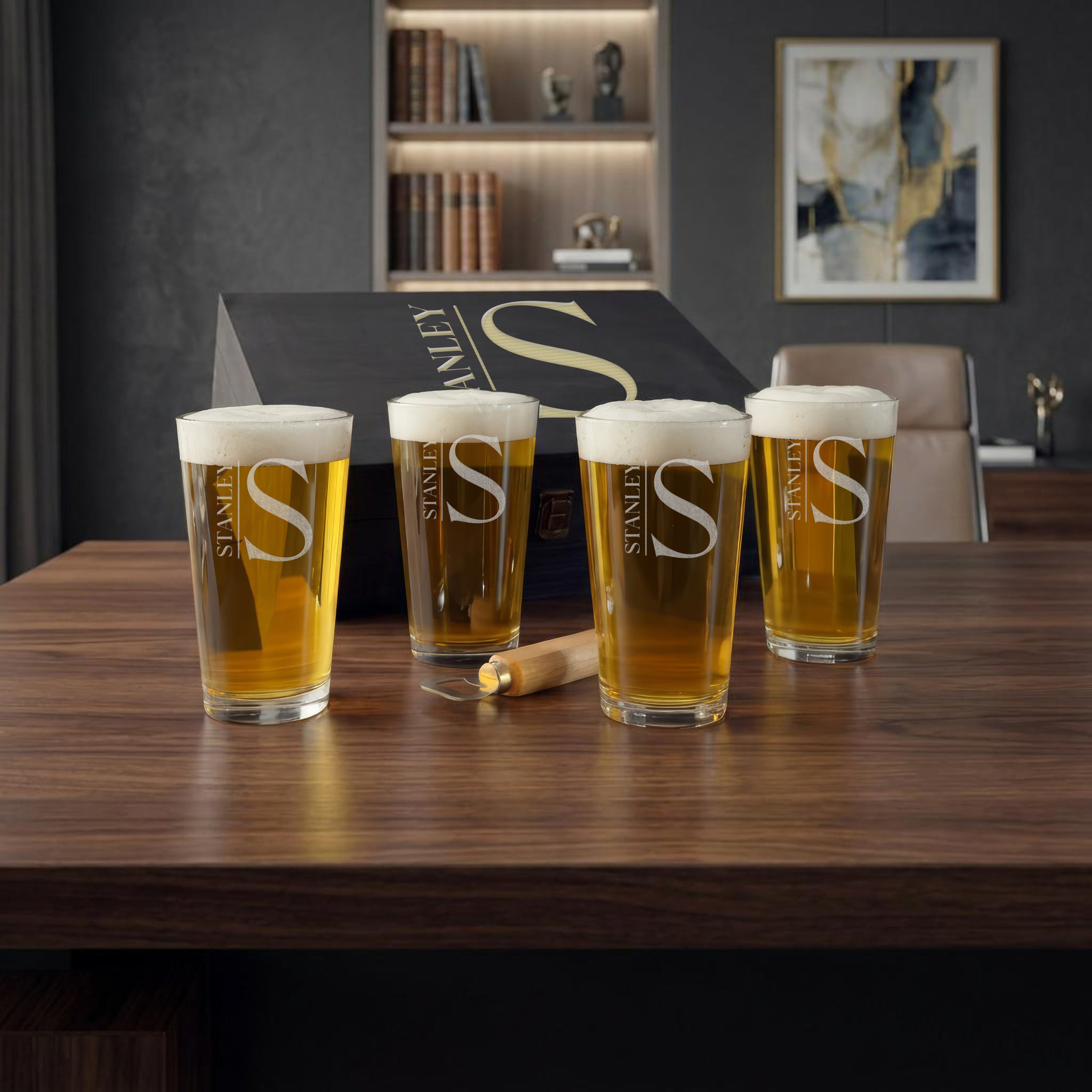 Custom Beer Glass Set with Engraved Wooden Box and Bottle Opener
