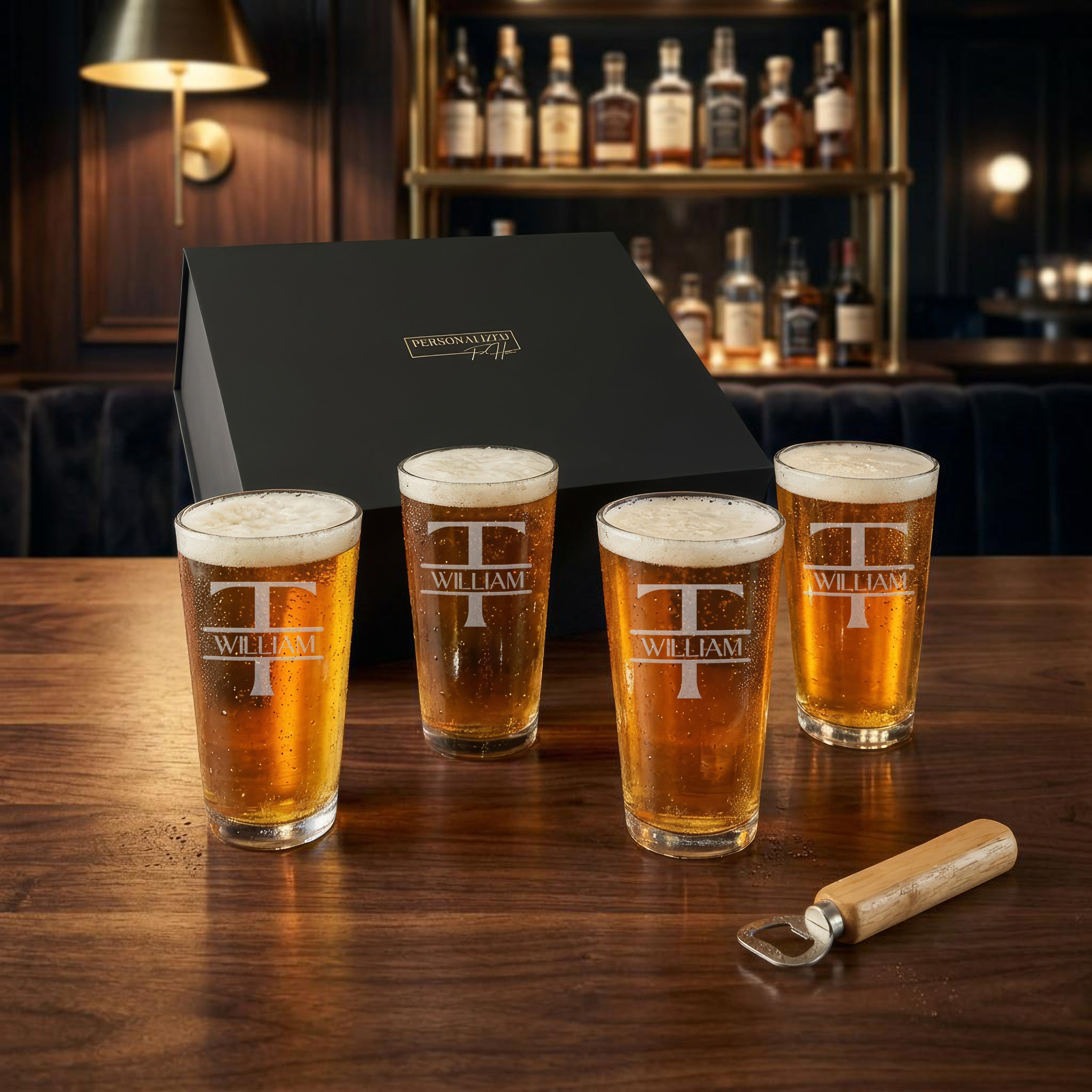 Personalized Pint Glass Gift Set with Bottle Opener