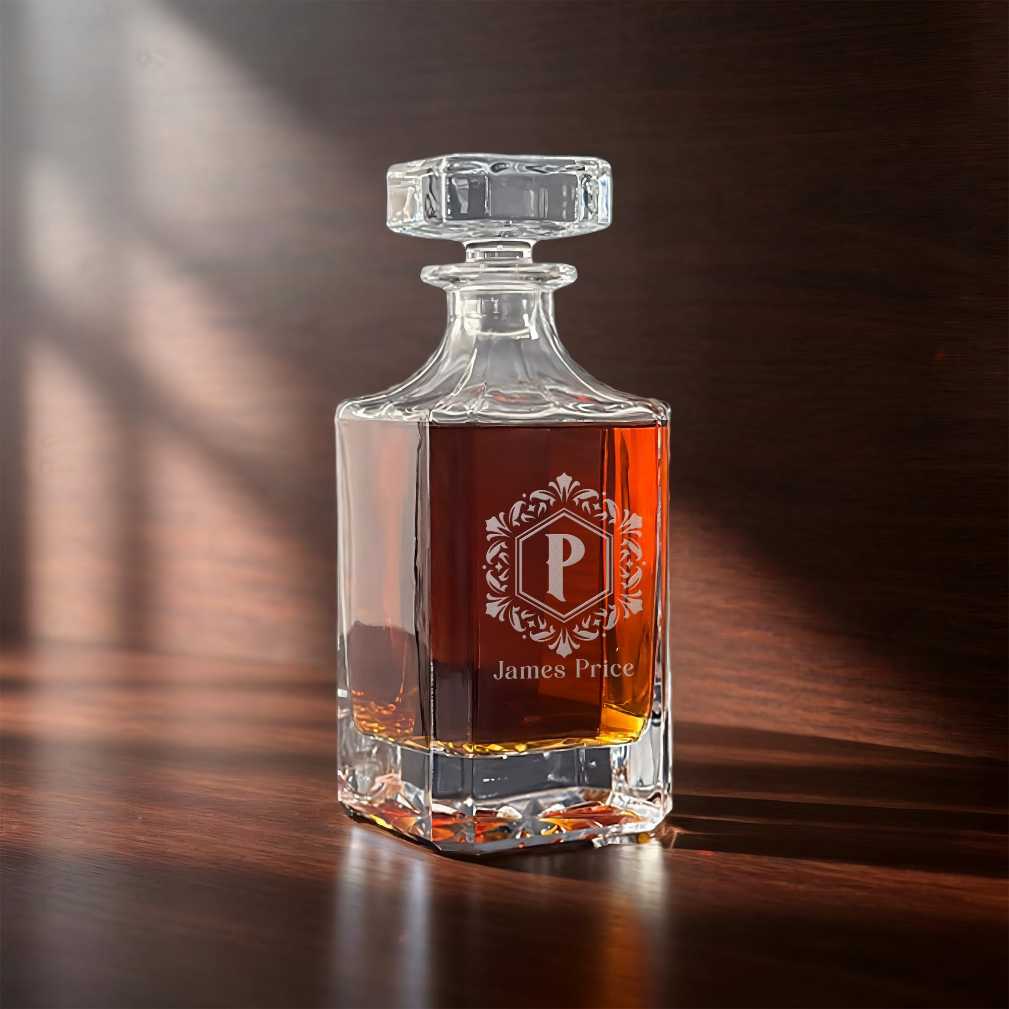Square Cut Bourbon Decanter with 2 Sculpted Base Glasses
