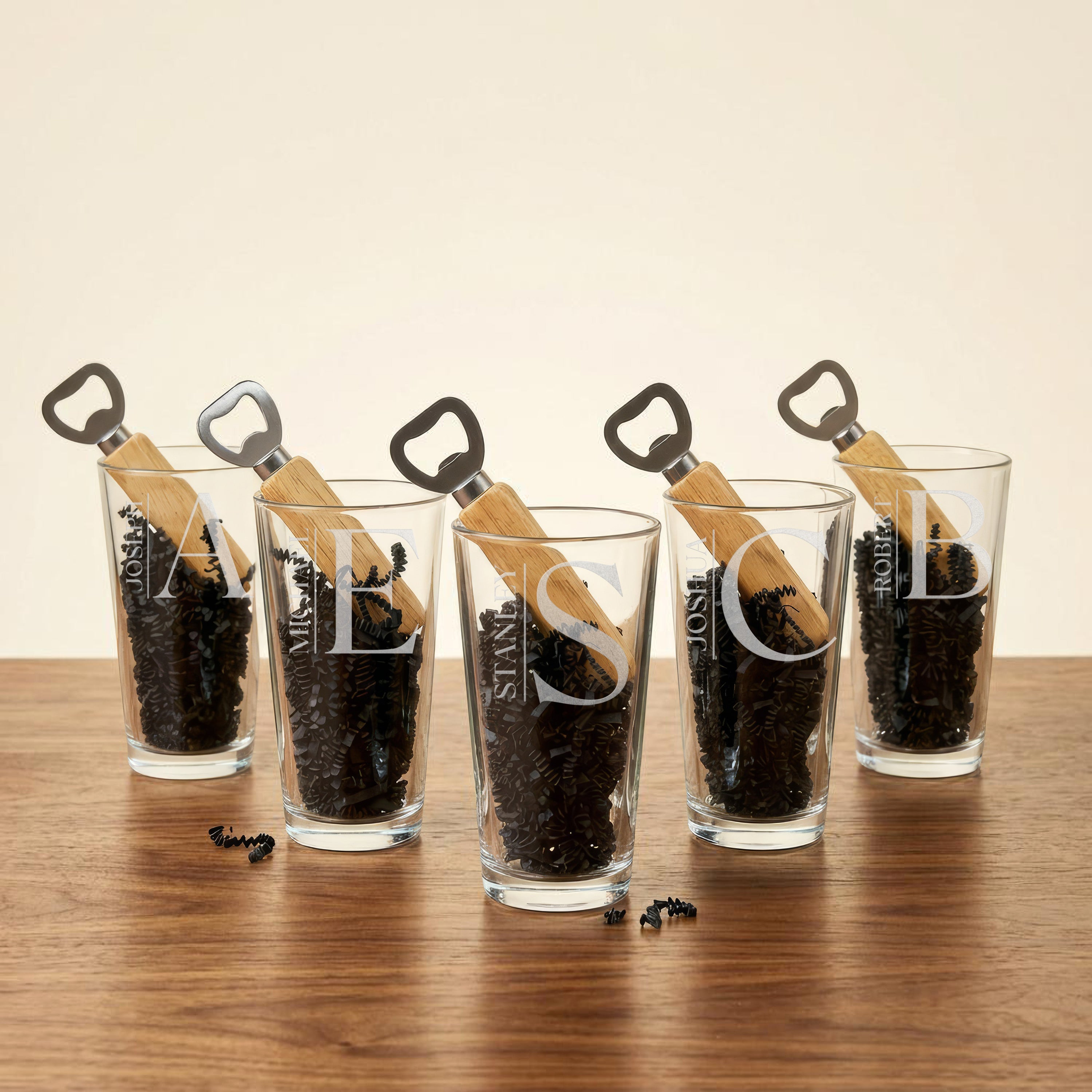 Set of 5 Personalized Pint Glasses with Bottle Openers