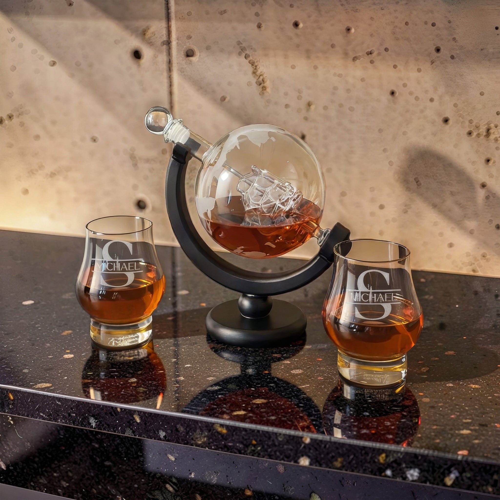 The Voyager Globe Decanter Set with 2 Bourbon Tasting Glasses