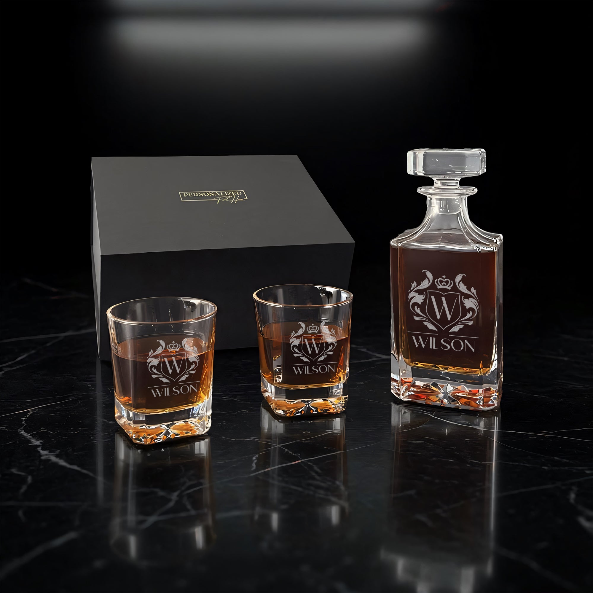 Square Whiskey Decanter with 2 Signature Cut Glasses