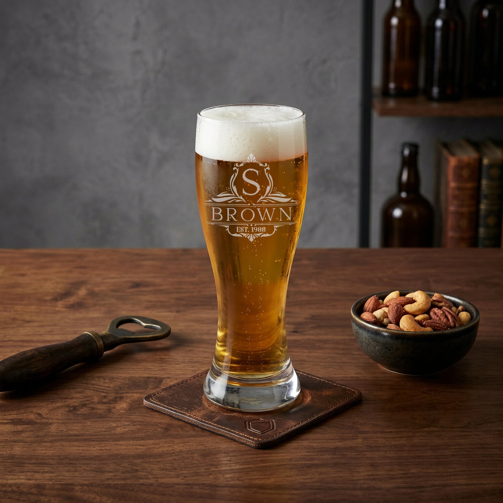 Personalized Pilsner Beer Glasses Set of 4 with Gift Box & Bottle Opener