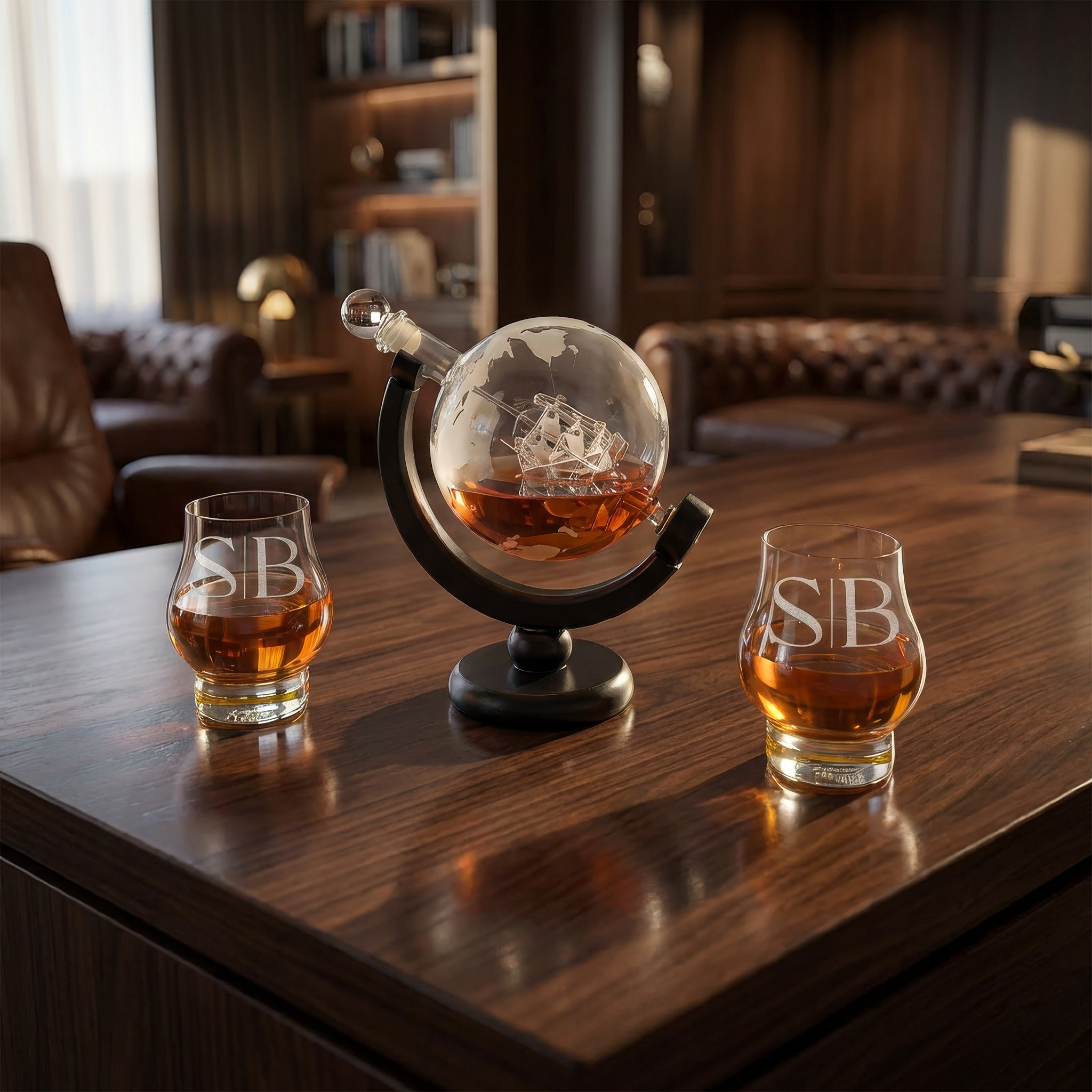 The Voyager Globe Decanter Set with 2 Bourbon Tasting Glasses