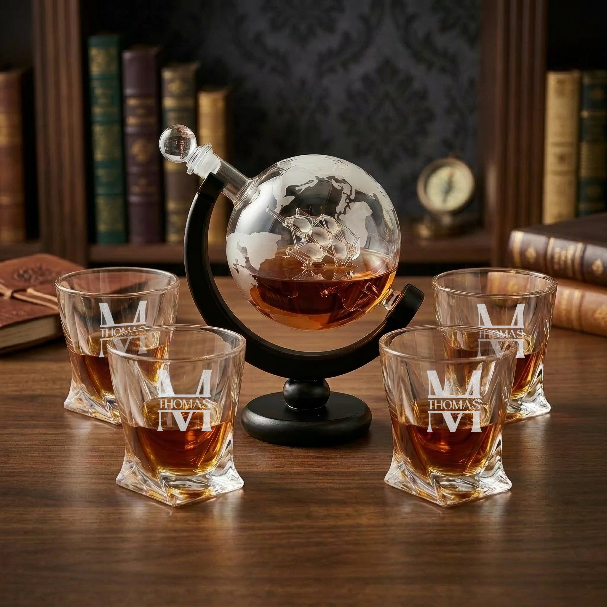 Voyager Globe Decanter Set with Four Twisted Glasses
