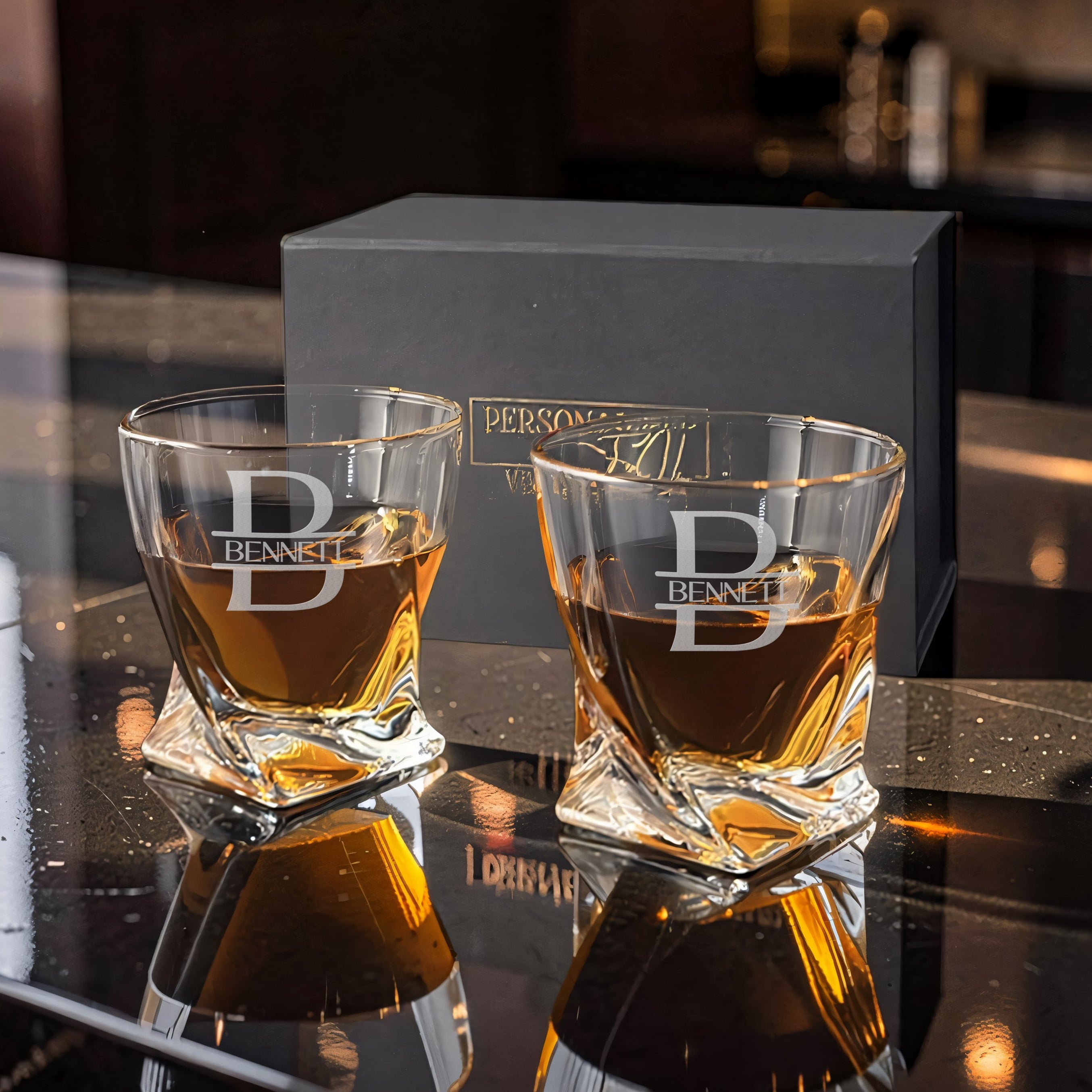 Twisted Whiskey Glasses – Personalized Gift Box Set of 2