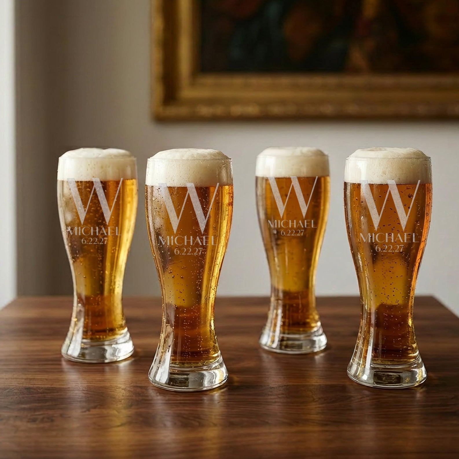 Personalized Pilsner Beer Glasses Set of 4 with Gift Box & Bottle Opener