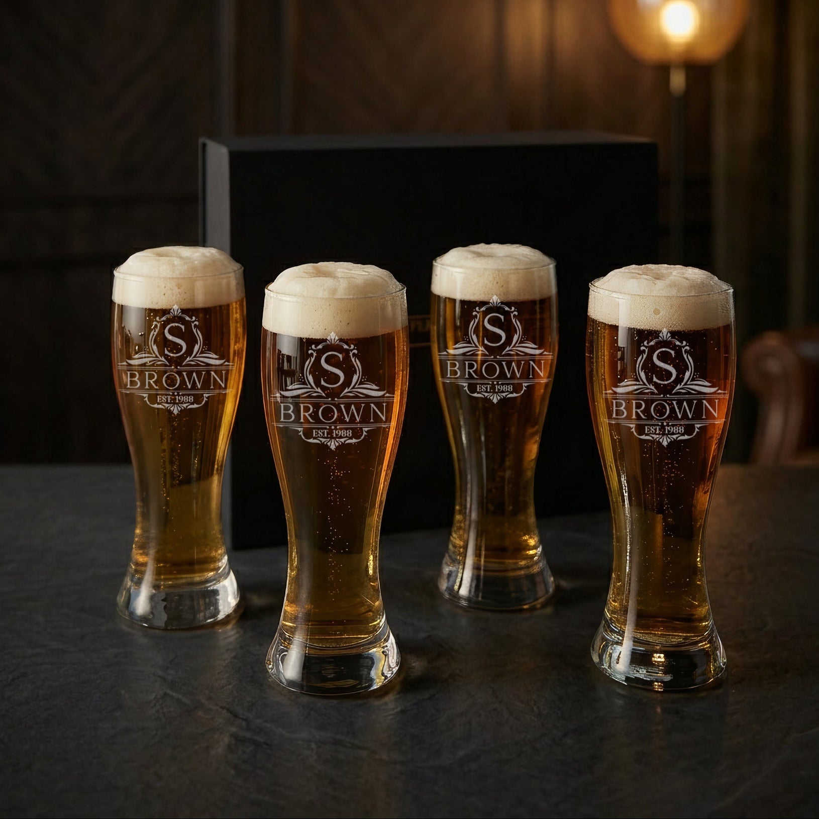 Personalized Pilsner Beer Glasses Set of 4 with Gift Box & Bottle Opener