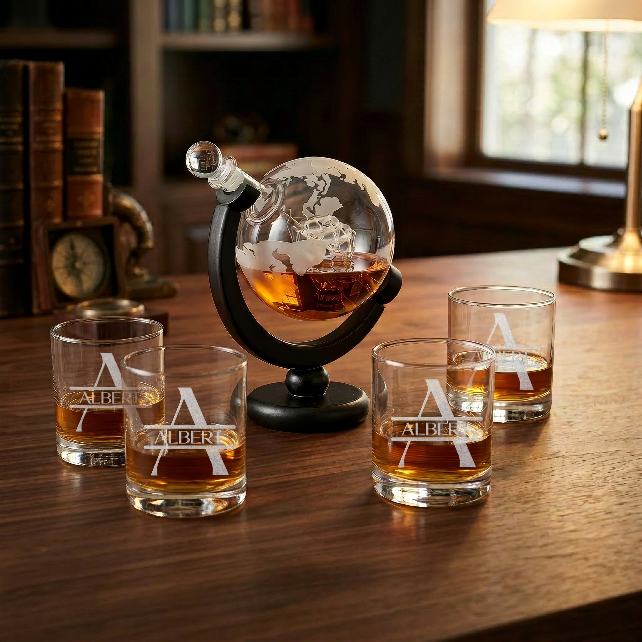 Globe Decanter Set with 4 Classic Round Rocks Glasses | Custom Engraved Barware