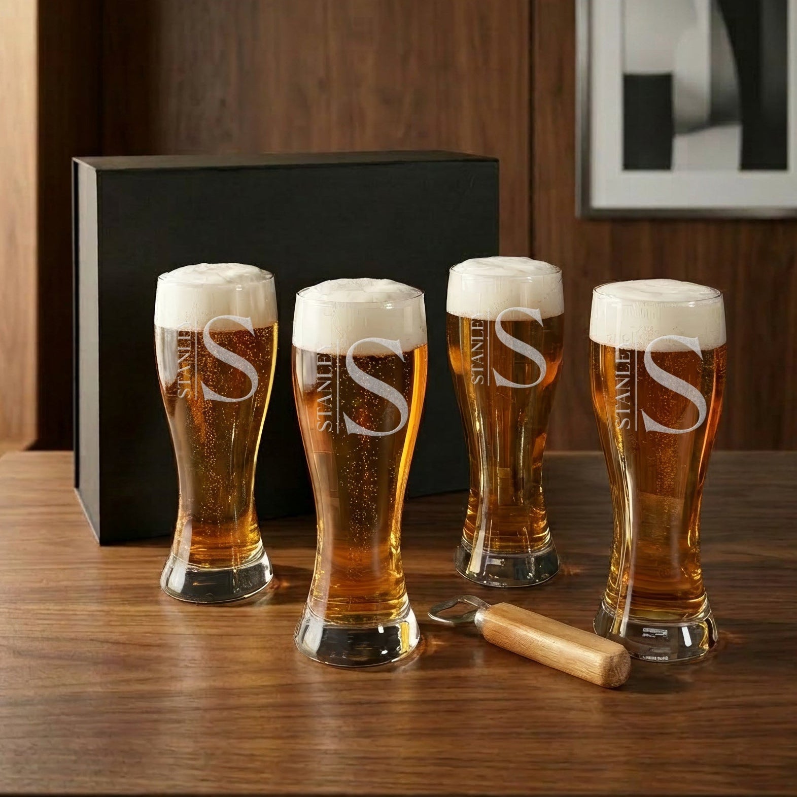 Personalized Pilsner Beer Glasses Set of 4 with Gift Box & Bottle Opener