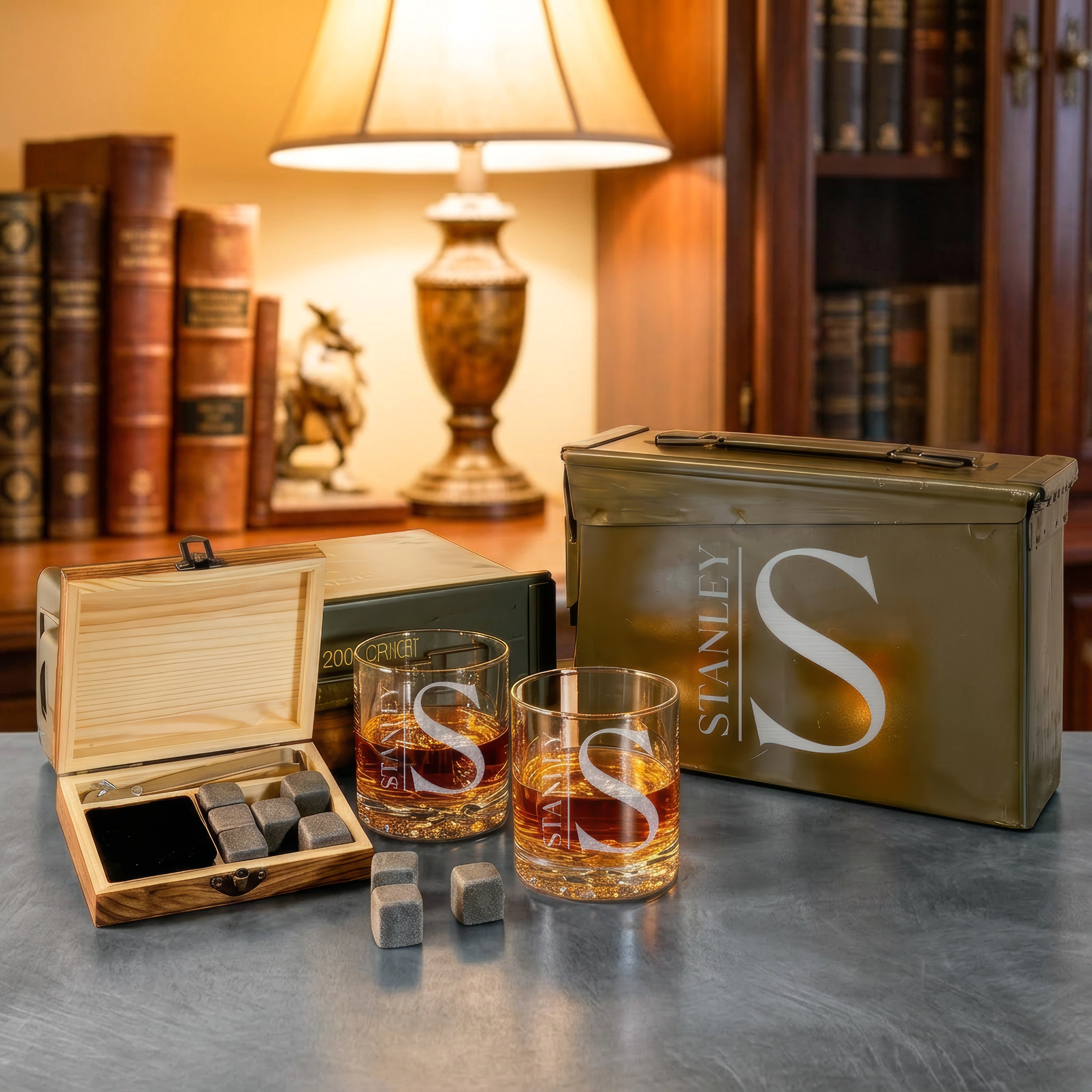 Personalized Whiskey Gift Set with Ammo Box & Stones