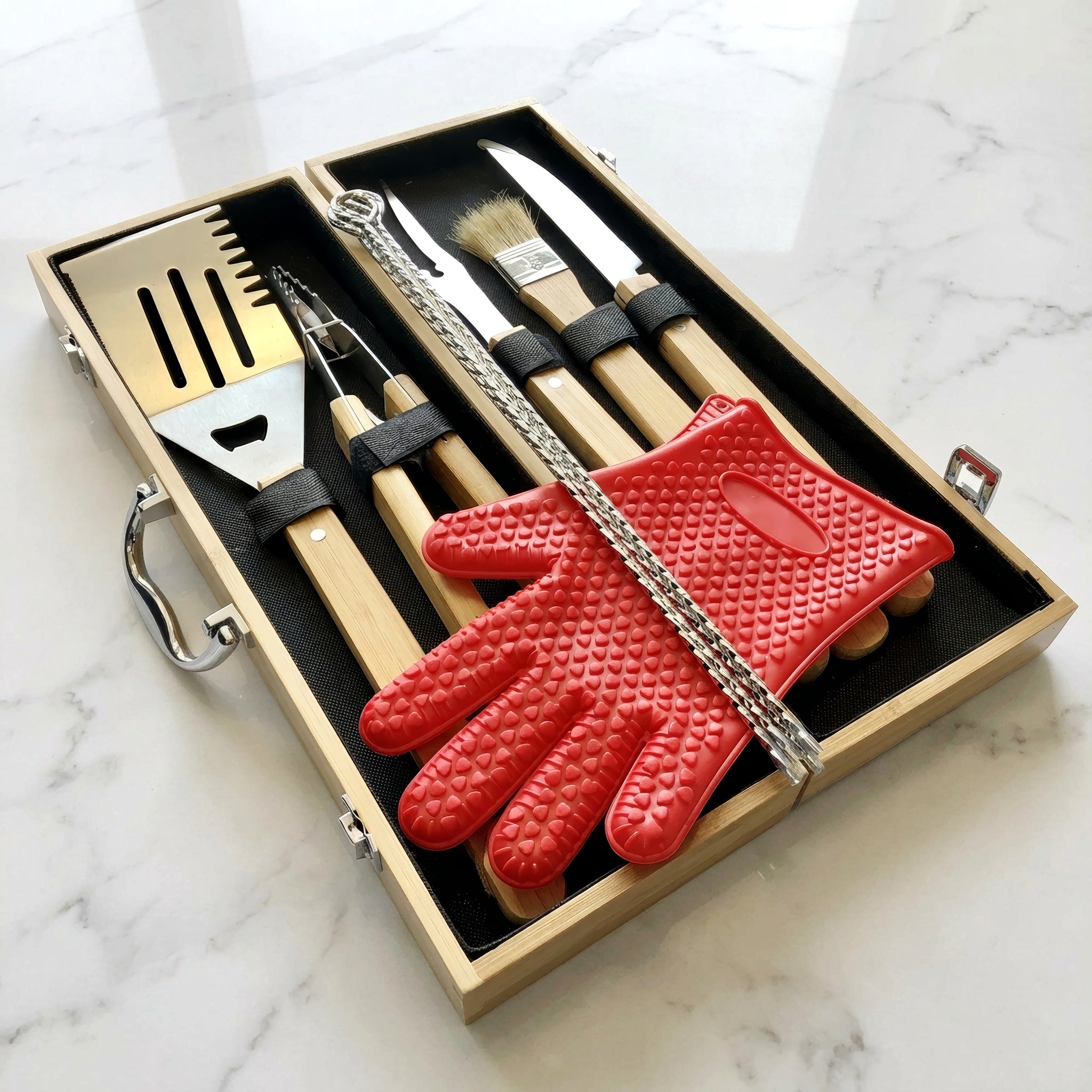Personalized BBQ Grill Set with Engraved Bamboo Case