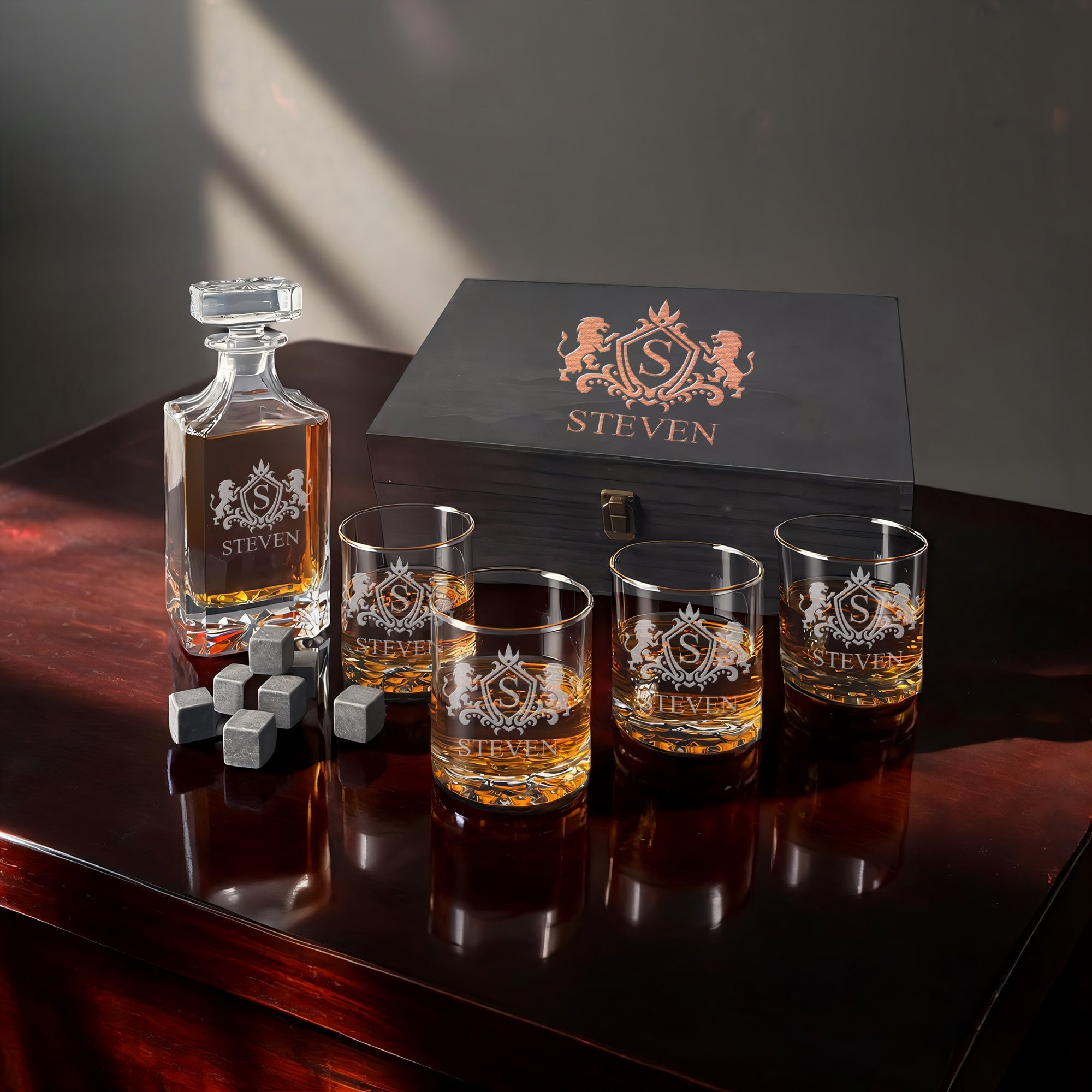 Square Cut Whiskey Decanter Set with Sculpted Glasses – Wood Box Edition