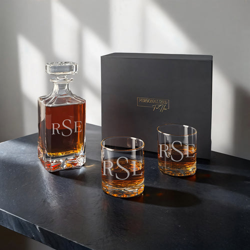 Square Cut Bourbon Decanter with 2 Sculpted Base Glasses