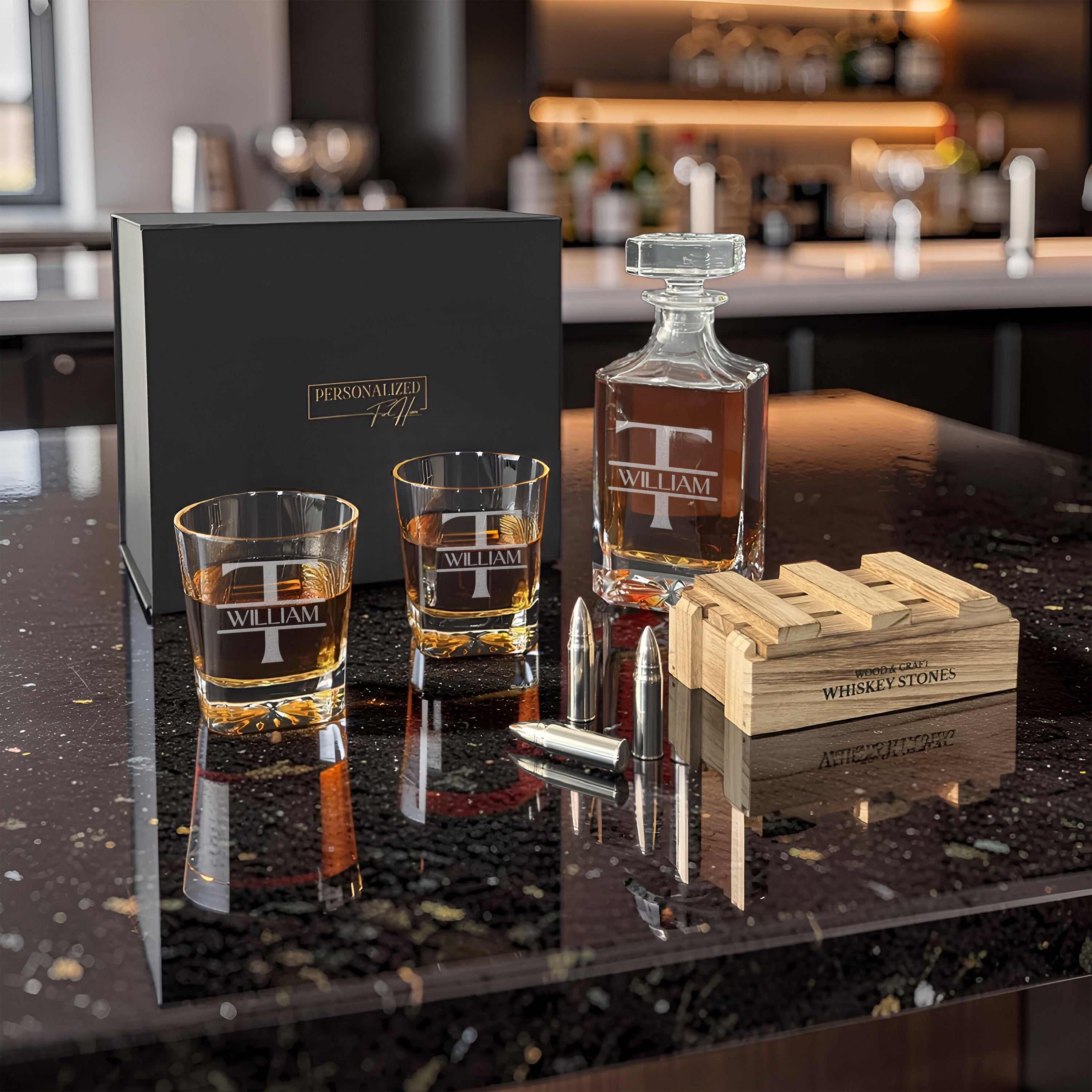 Square Cut Decanter Set with Glasses & Bullet Stones Luxury Gift Box