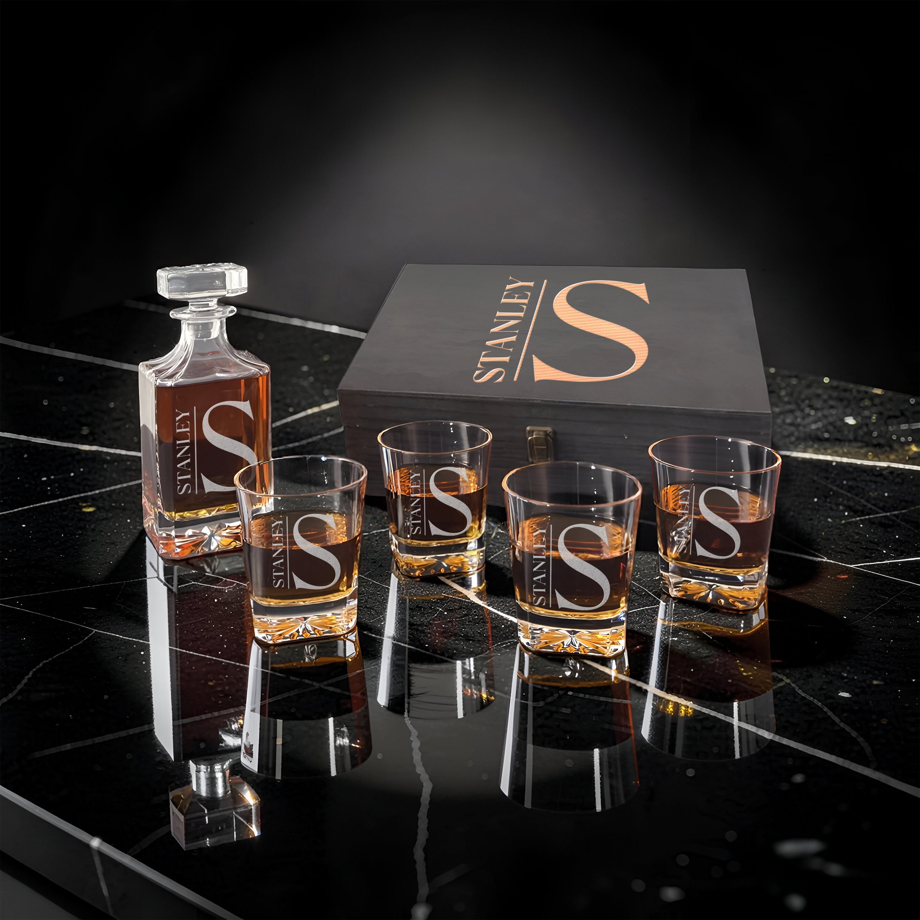 Square Cut Decanter & Rocks Glass Set – Wood Box Edition