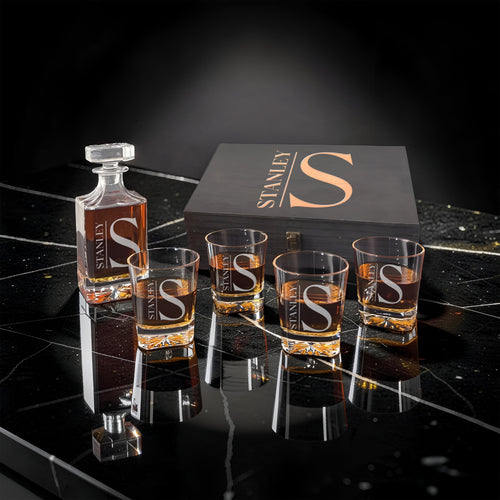 Square Cut Decanter and Rocks Glass Set Wood Box Edition