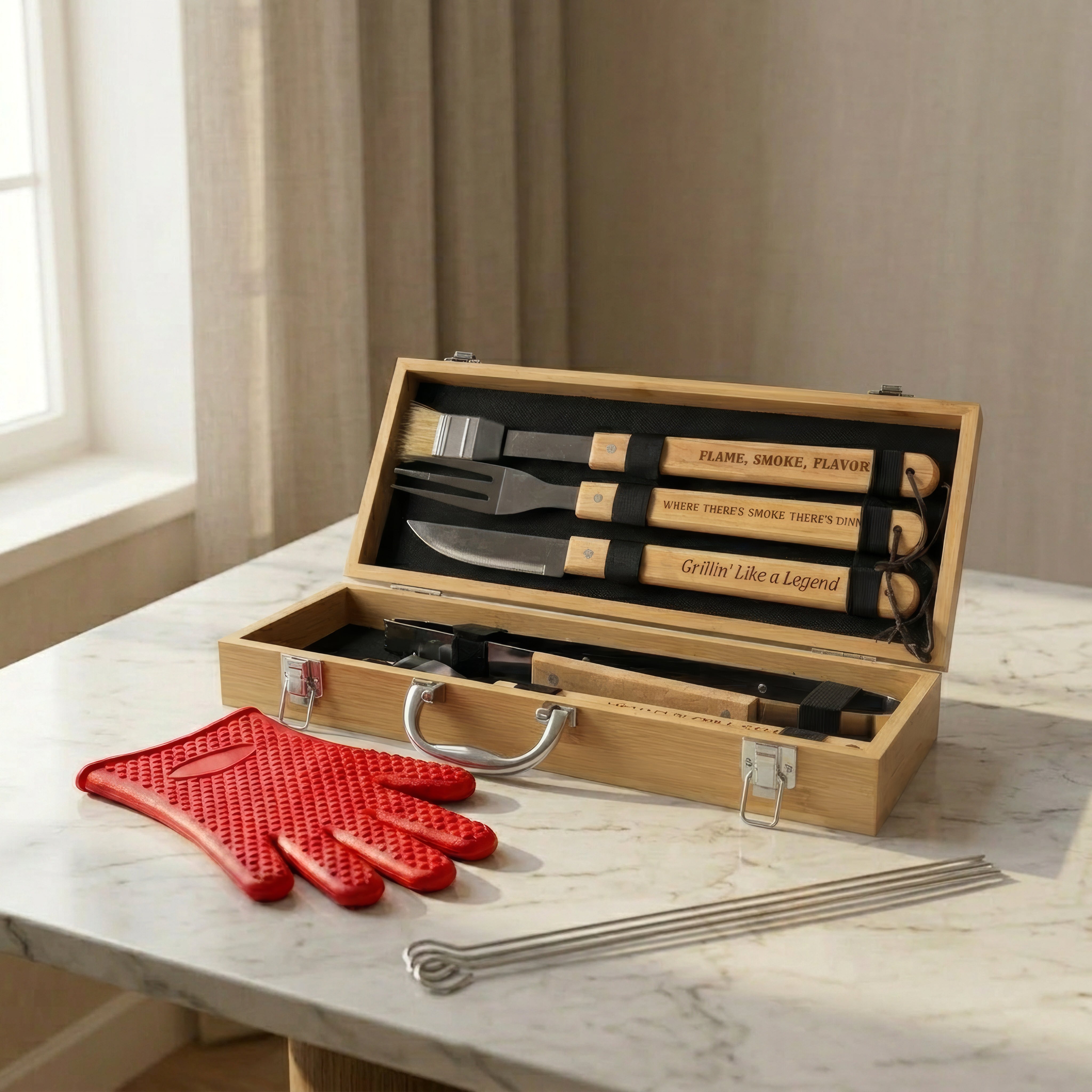 Personalized BBQ Grill Set with Engraved Bamboo Case