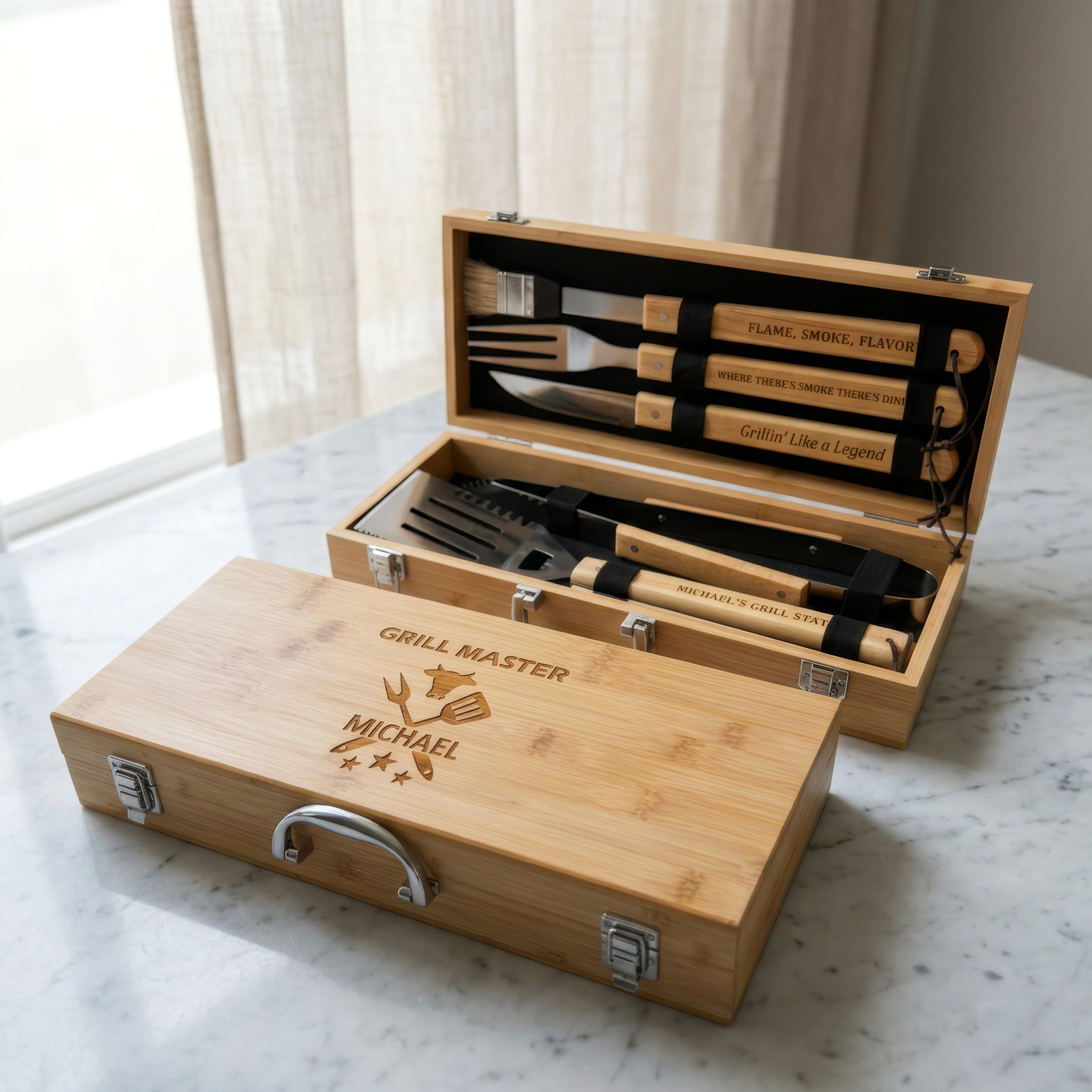 Personalized BBQ Grill Set with Engraved Bamboo Case