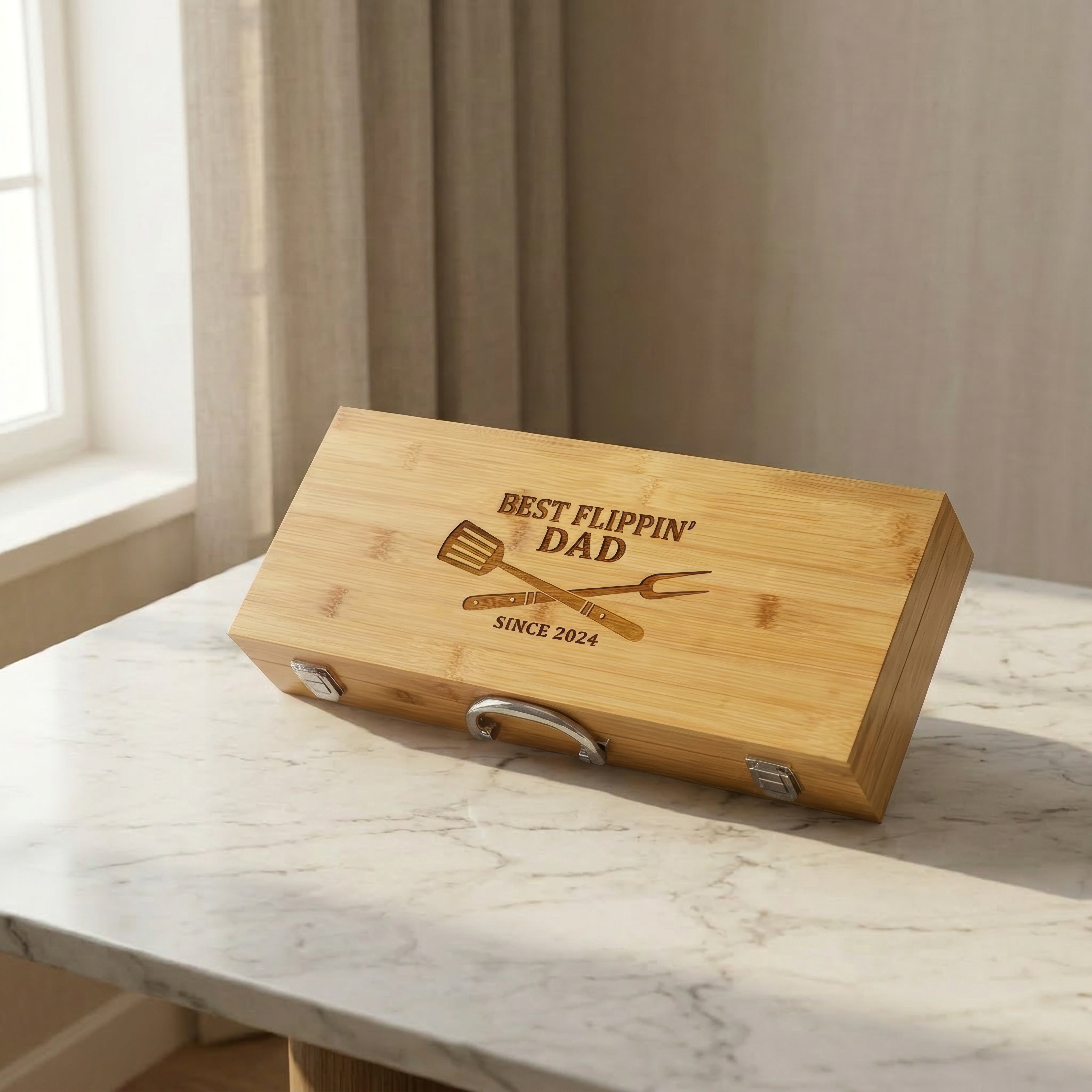 Personalized BBQ Grill Set with Engraved Bamboo Case