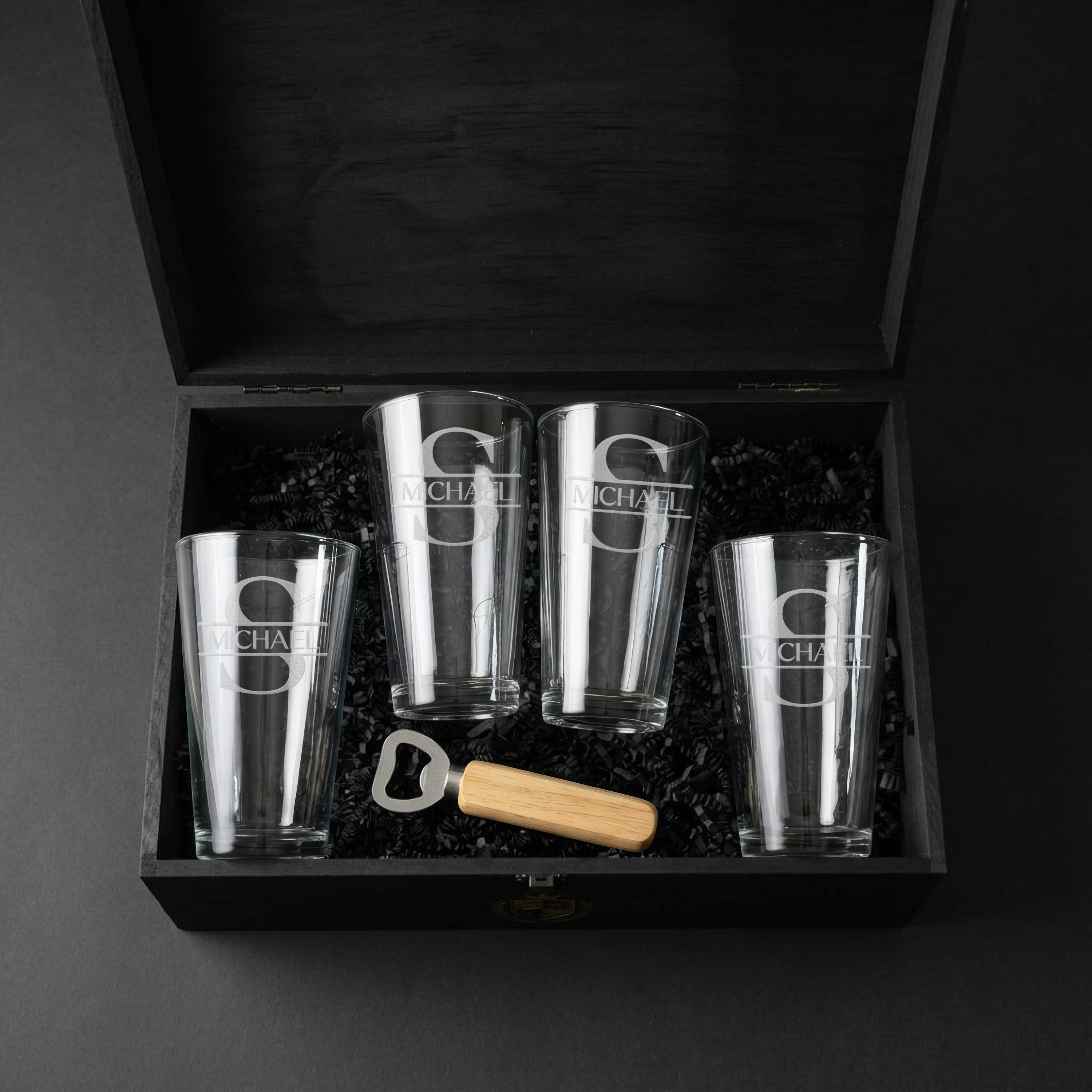 Custom Beer Glass Set with Engraved Wooden Box and Bottle Opener