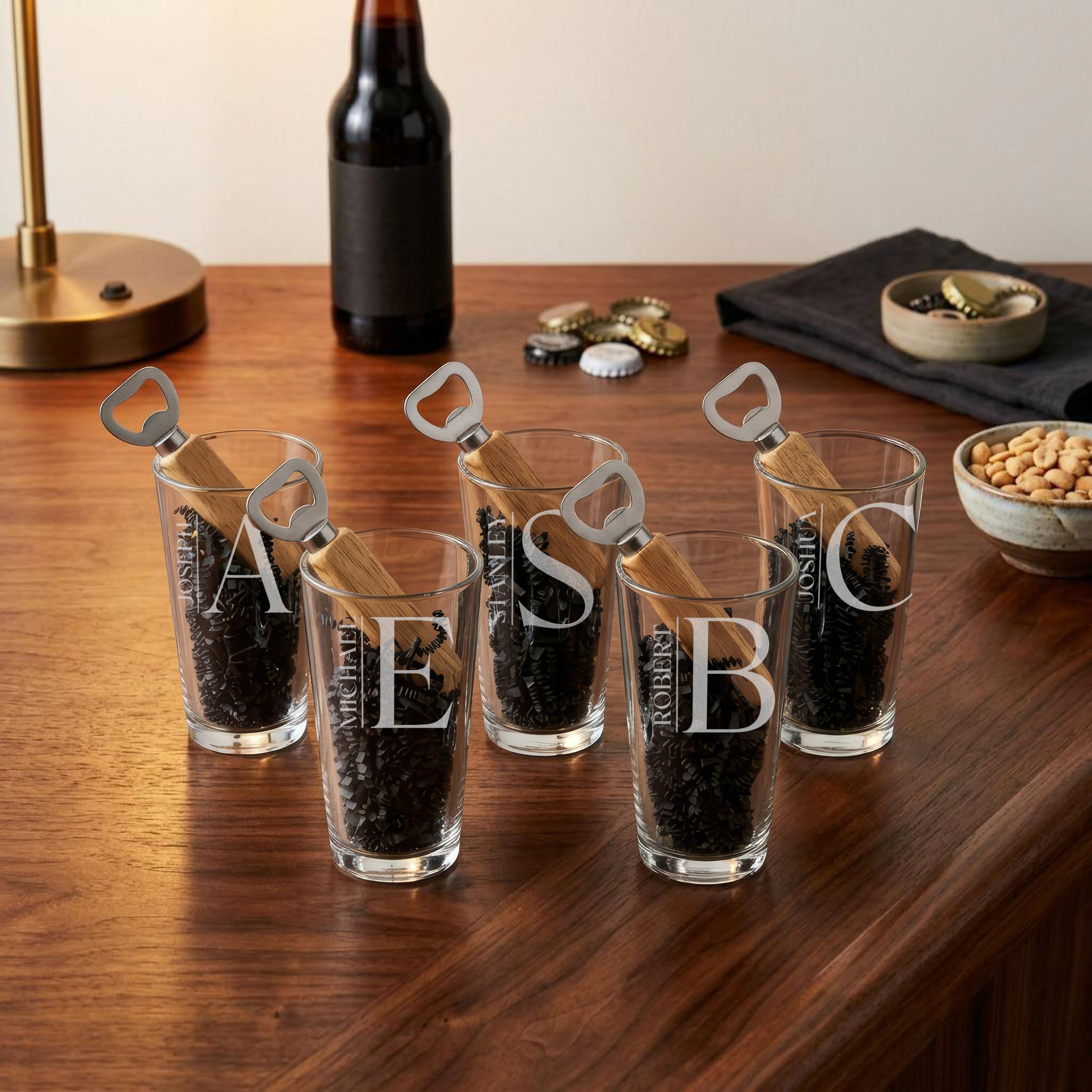 Set of 5 Personalized Pint Glasses with Bottle Openers