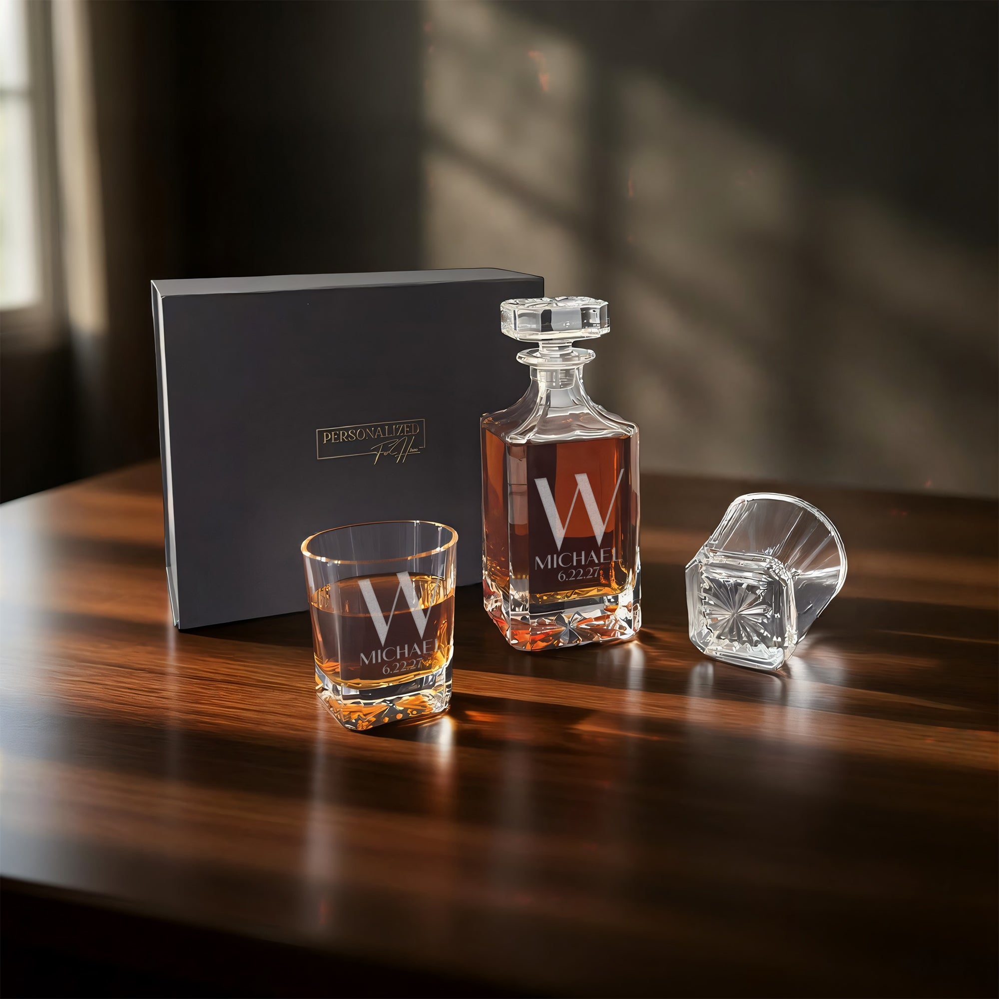 Square Cut Decanter Set with Glasses & Bullet Stones – Luxury Gift Box