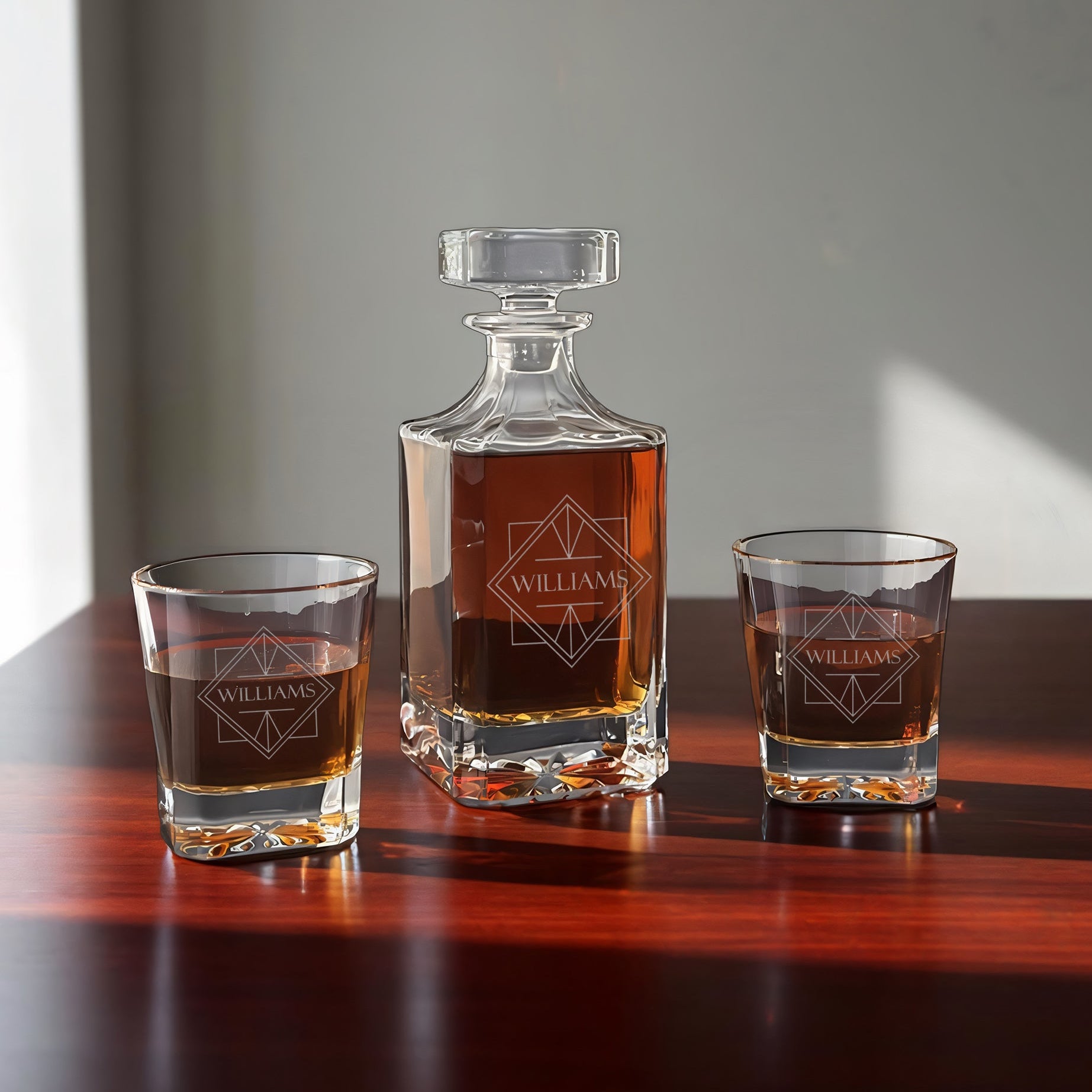 Square Whiskey Decanter with 2 Signature Cut Glasses