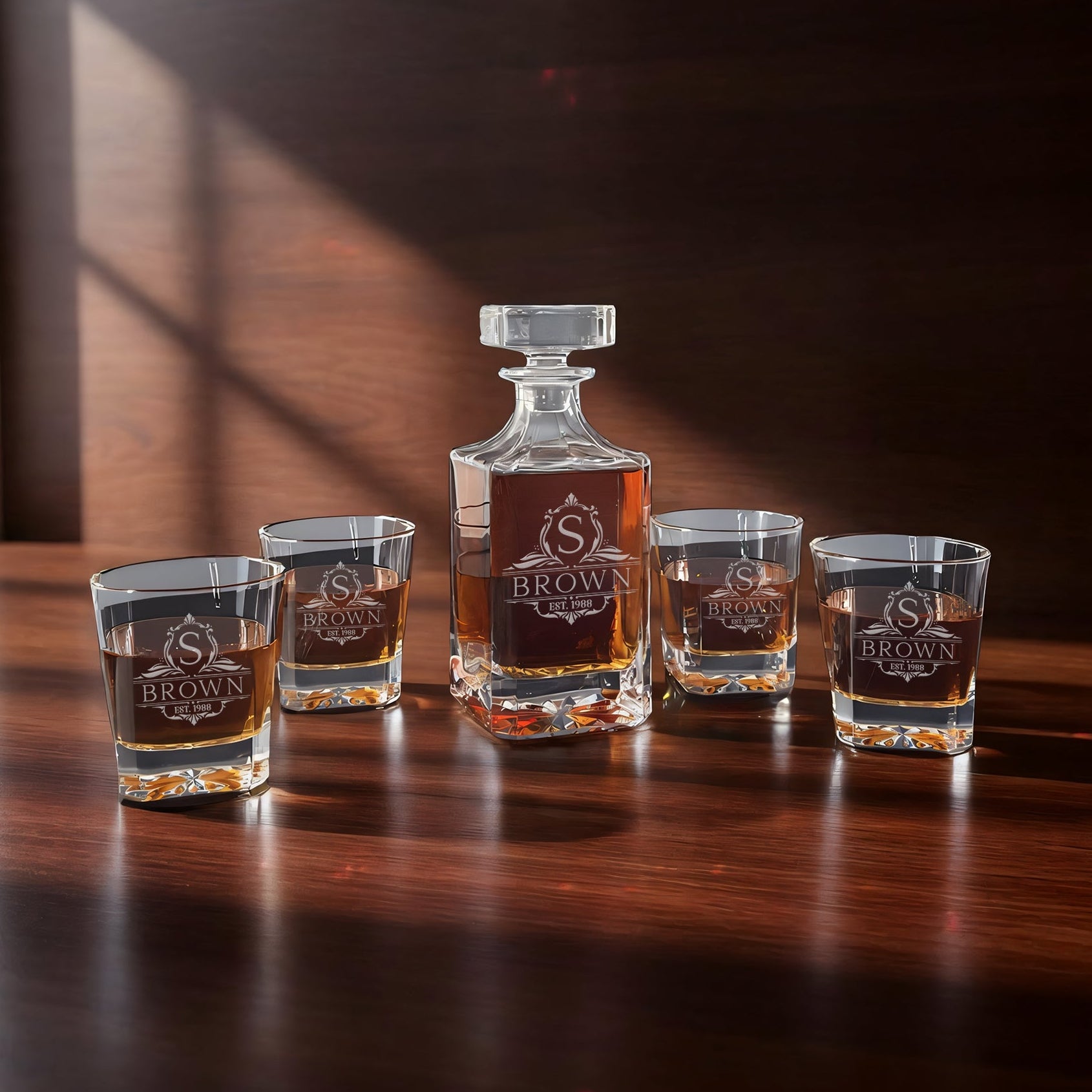 Square Cut Decanter & Rocks Glass Set – Wood Box Edition