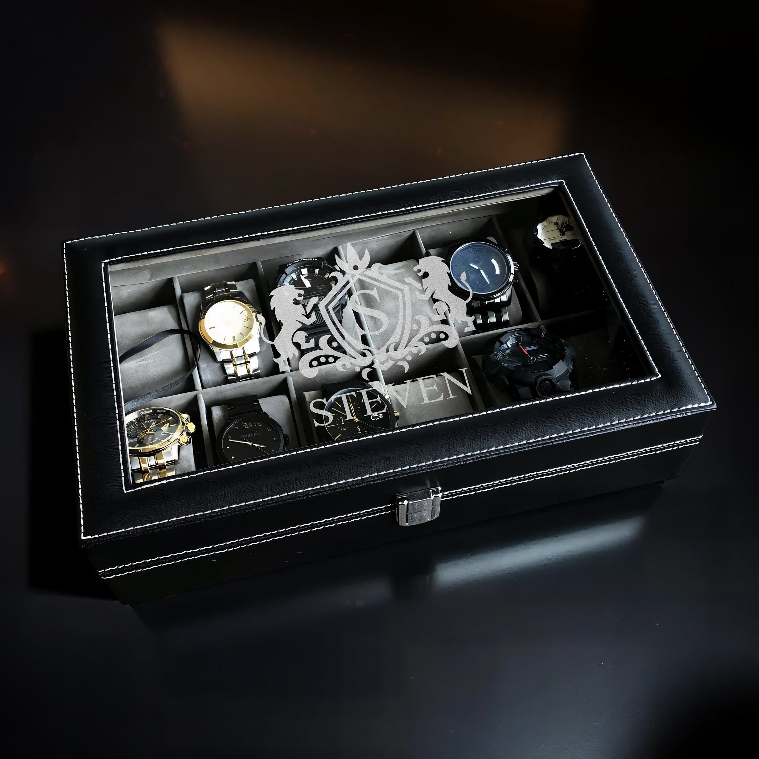 Personalized Executive 12-Slot Watch Box with Glass Top
