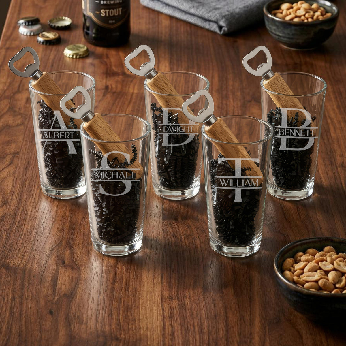 Set of 5 Personalized Pint Glasses for Groomsmen with Bottle Openers