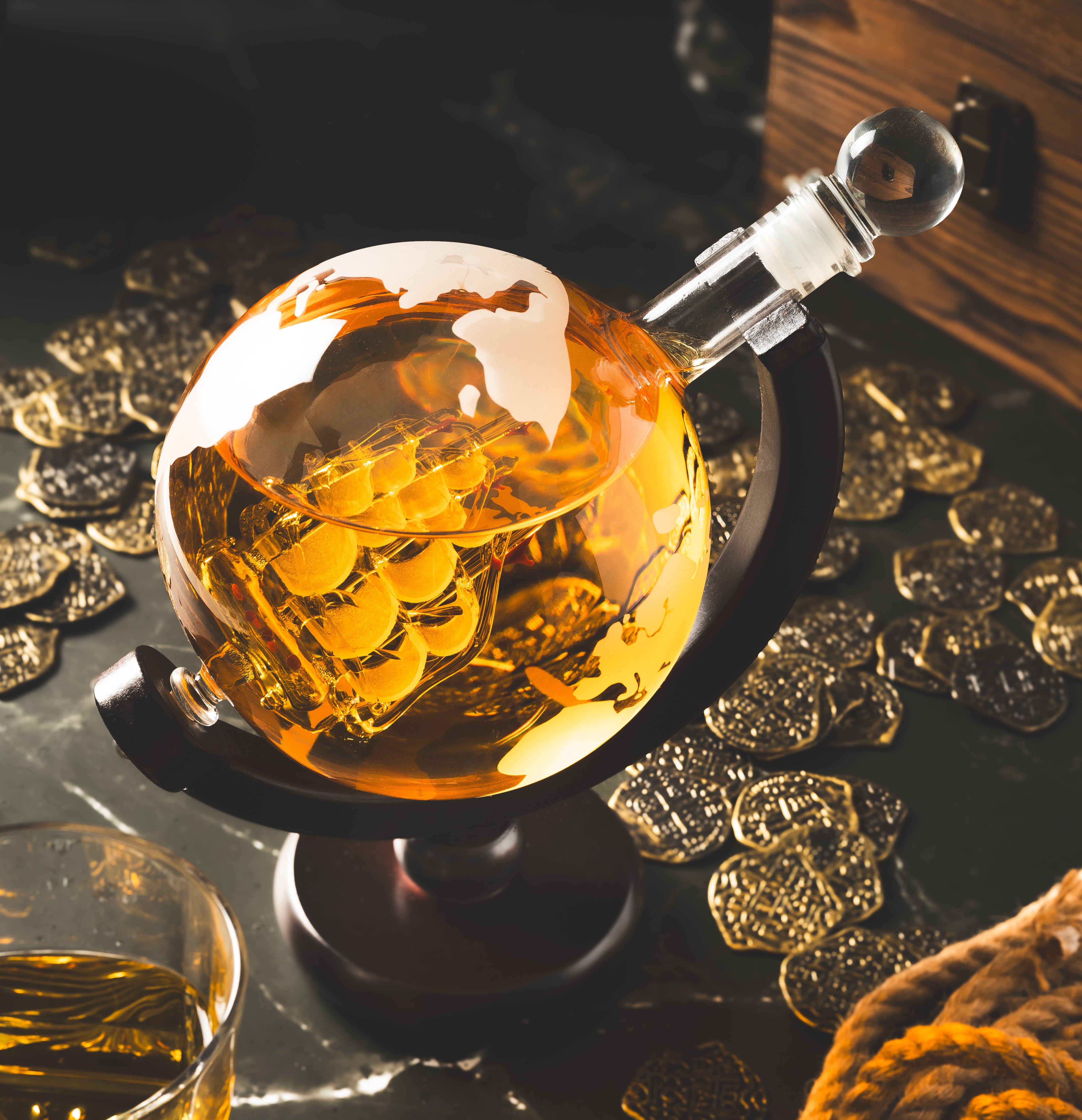 Globe Decanter Set with 4 Classic Round Rocks Glasses | Custom Engraved Barware